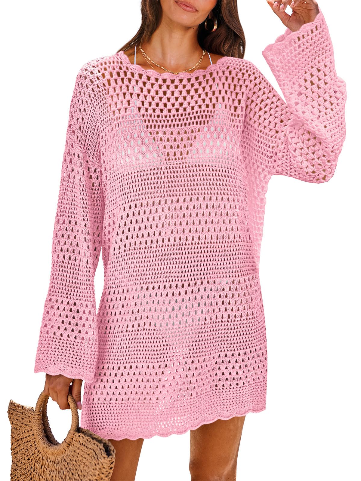 ANRABESS Women Swimsuit Crochet Swim Cover Up 2025 Summer Bathing Suit Swimwear Mesh Knit Beach Dress Vacation Outfits