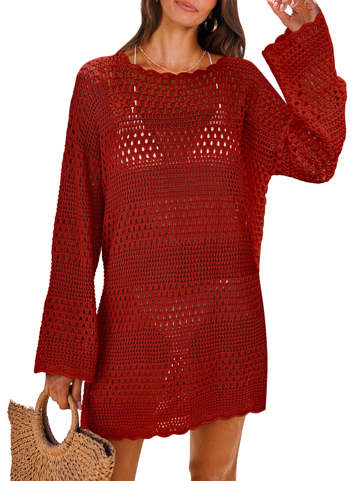 ANRABESS Women Swimsuit Crochet Swim Cover Up 2025 Summer Bathing Suit Swimwear Mesh Knit Beach Dress Vacation Outfits