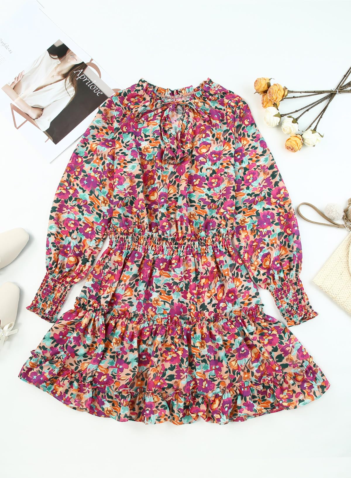 Dokotoo Fall Dresses for Women 2025 Boho Floral Drawstring V Neck Smocked Long Sleeve Ruffle Tiered Chiffon Mini Dress