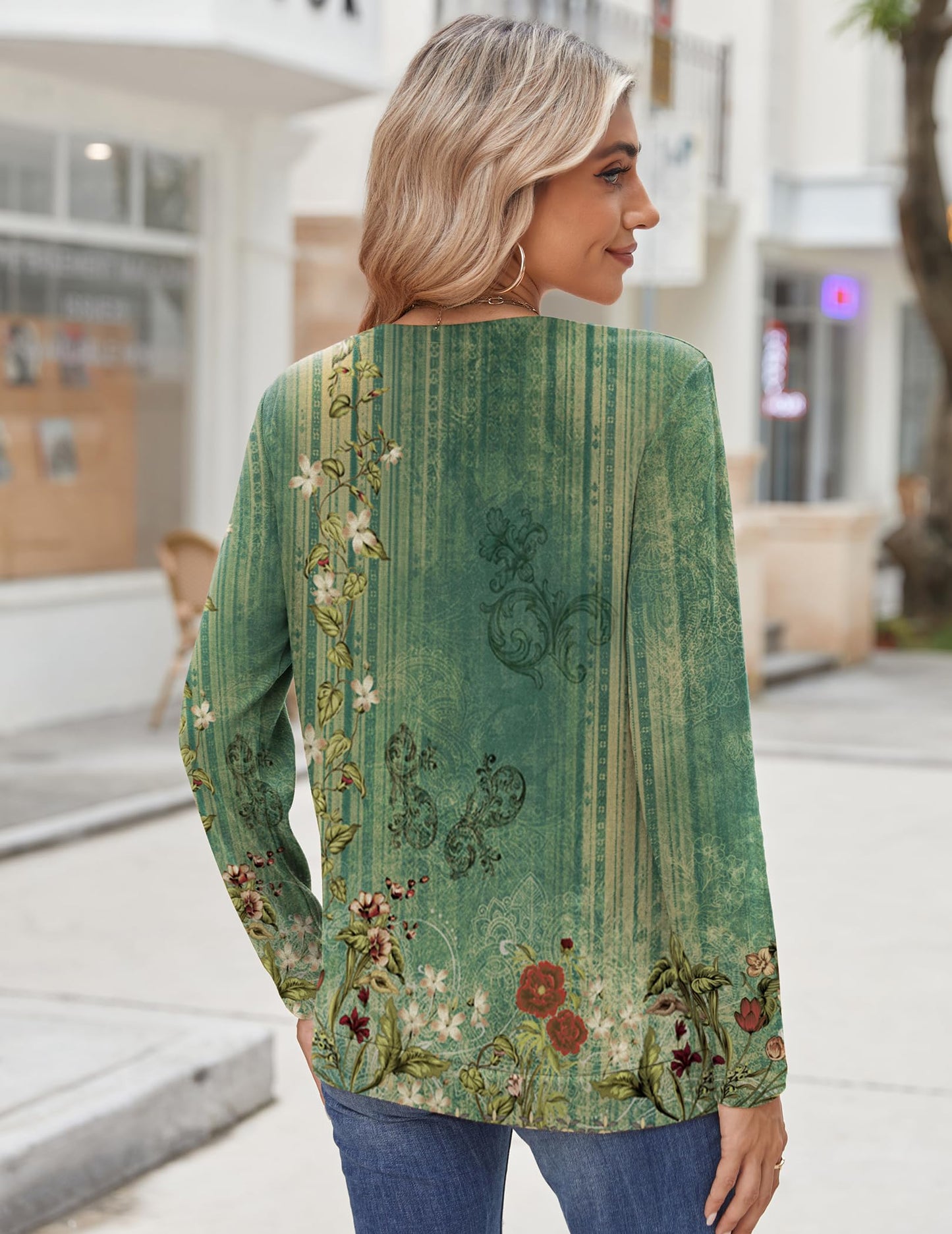 Zeagoo Womens Tops 2025 Long Sleeve Shirts for Fall Round Neck Blouses Floral Tunic Tops with Buttons Decor