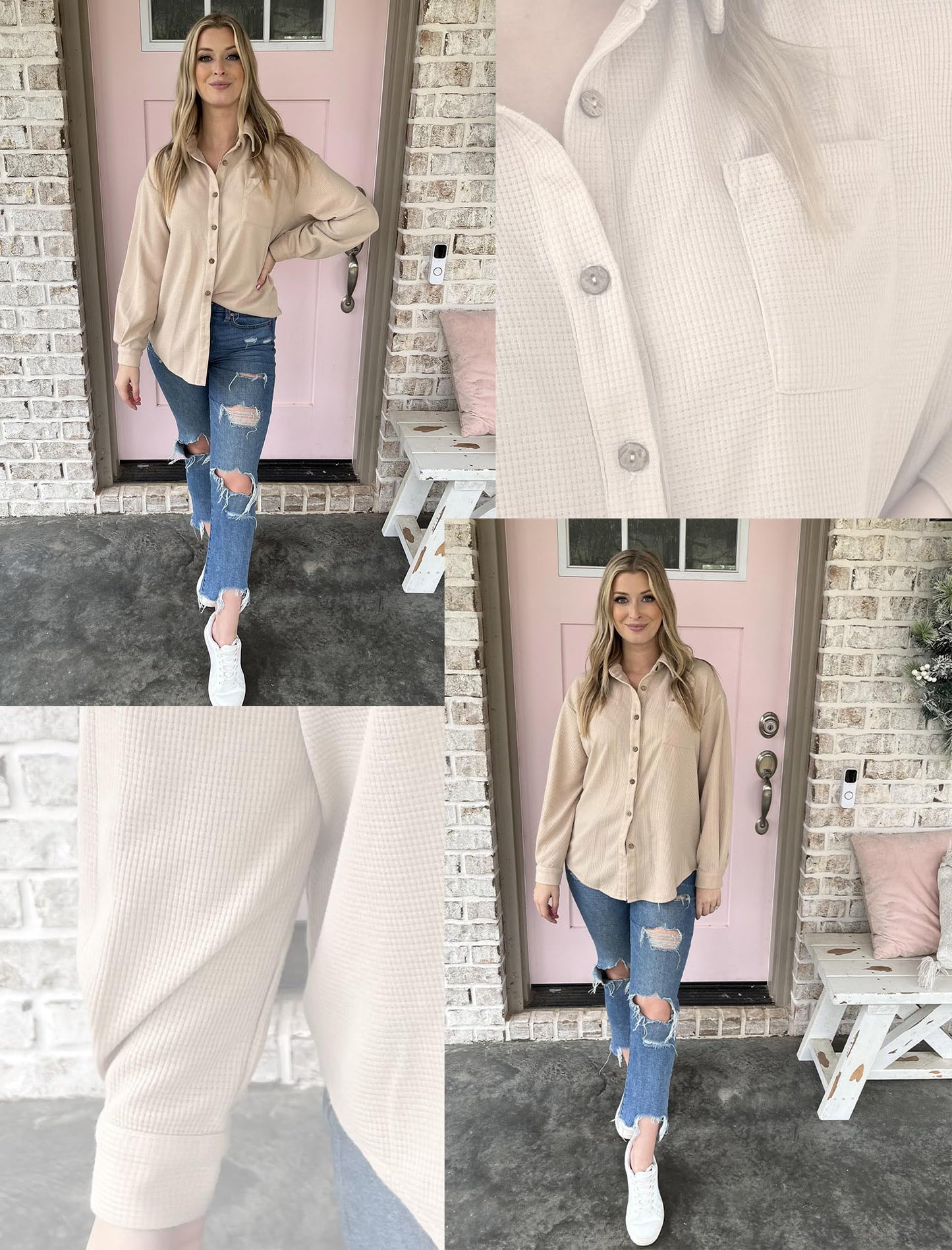 HOTOUCH Waffle Button Down Shirts for Women Dressy Casual Work Shacket V Neck Long Sleeve Lightweight Tops with Pocket