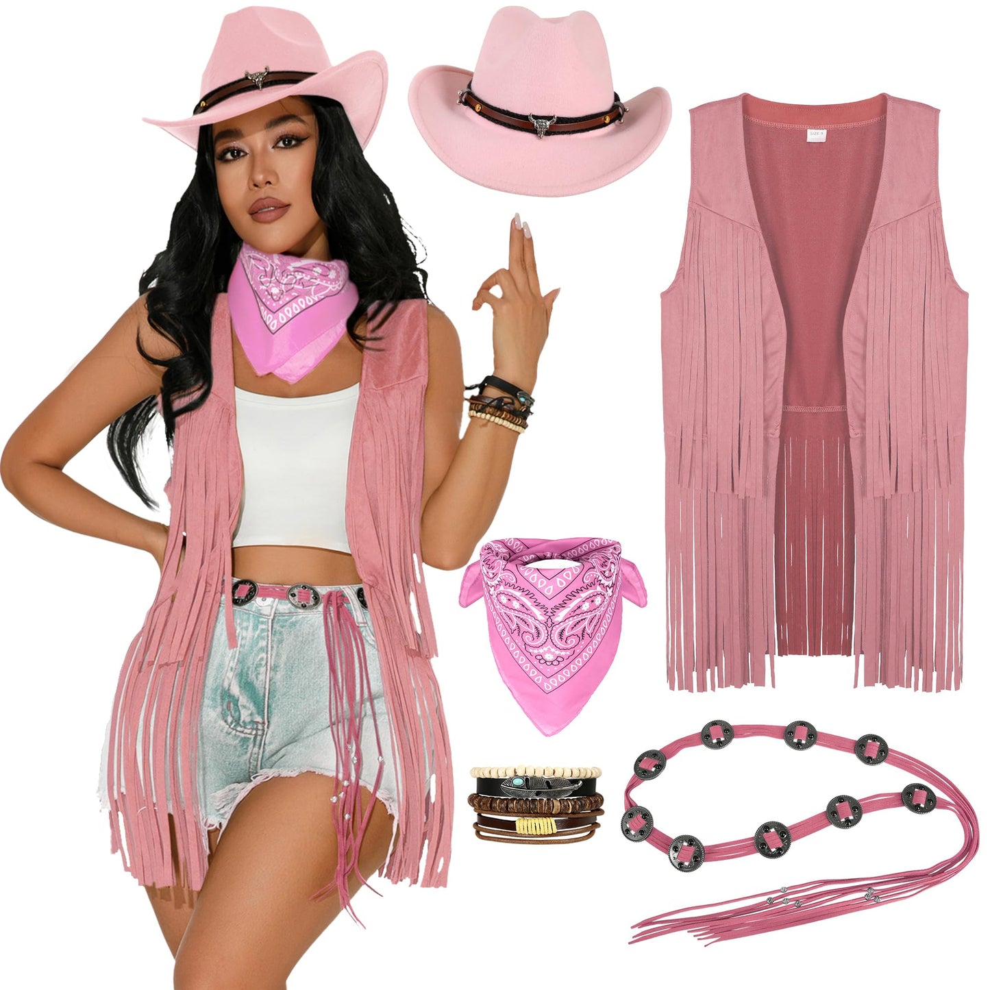 GERVAISE Womens Western Cowgirl Costume 70s Hippie Tassels Fringe Vest outfit Hat 5pcs