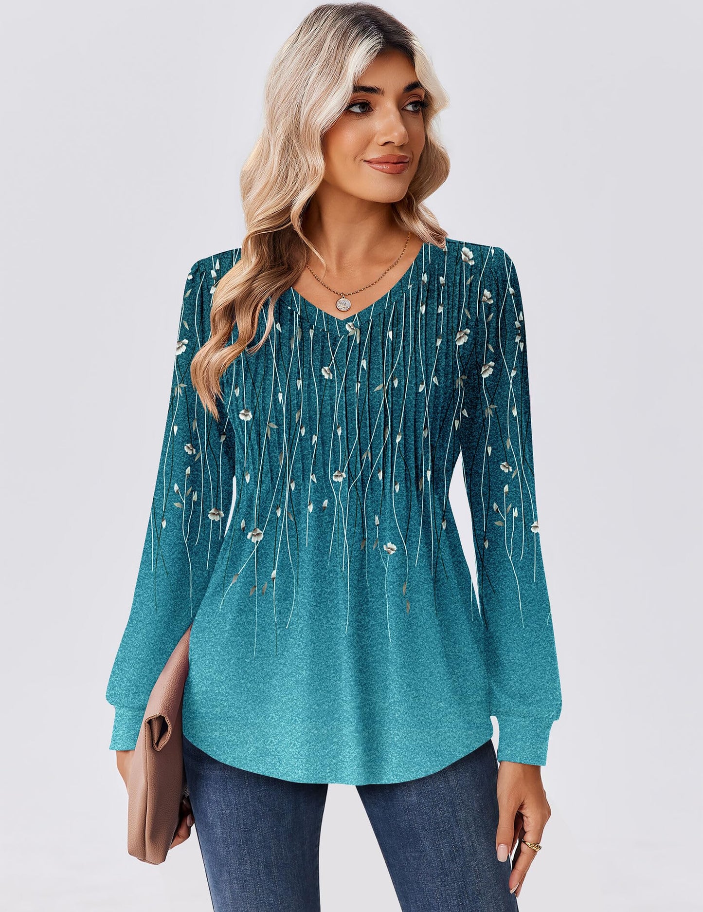 Zeagoo Long Sleeve Shirts for Women Casual V Neck Top Pleated Floral Boho Blouses 2025 Fall Tunics