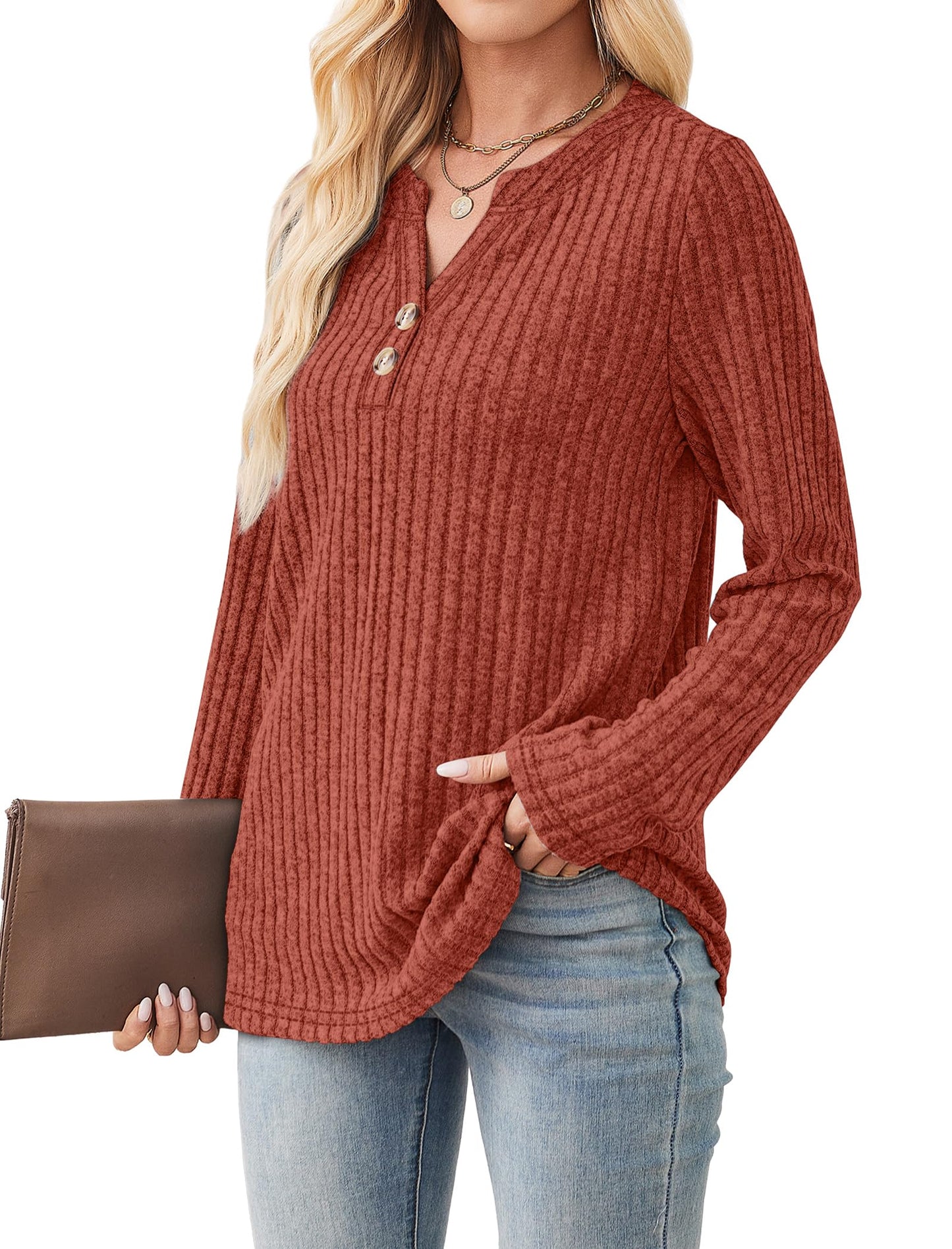 SAMPEEL Womens Sweaters Lightweight Long Sleeve Shirts V Neck Tops with Button Fall Outfits 2025
