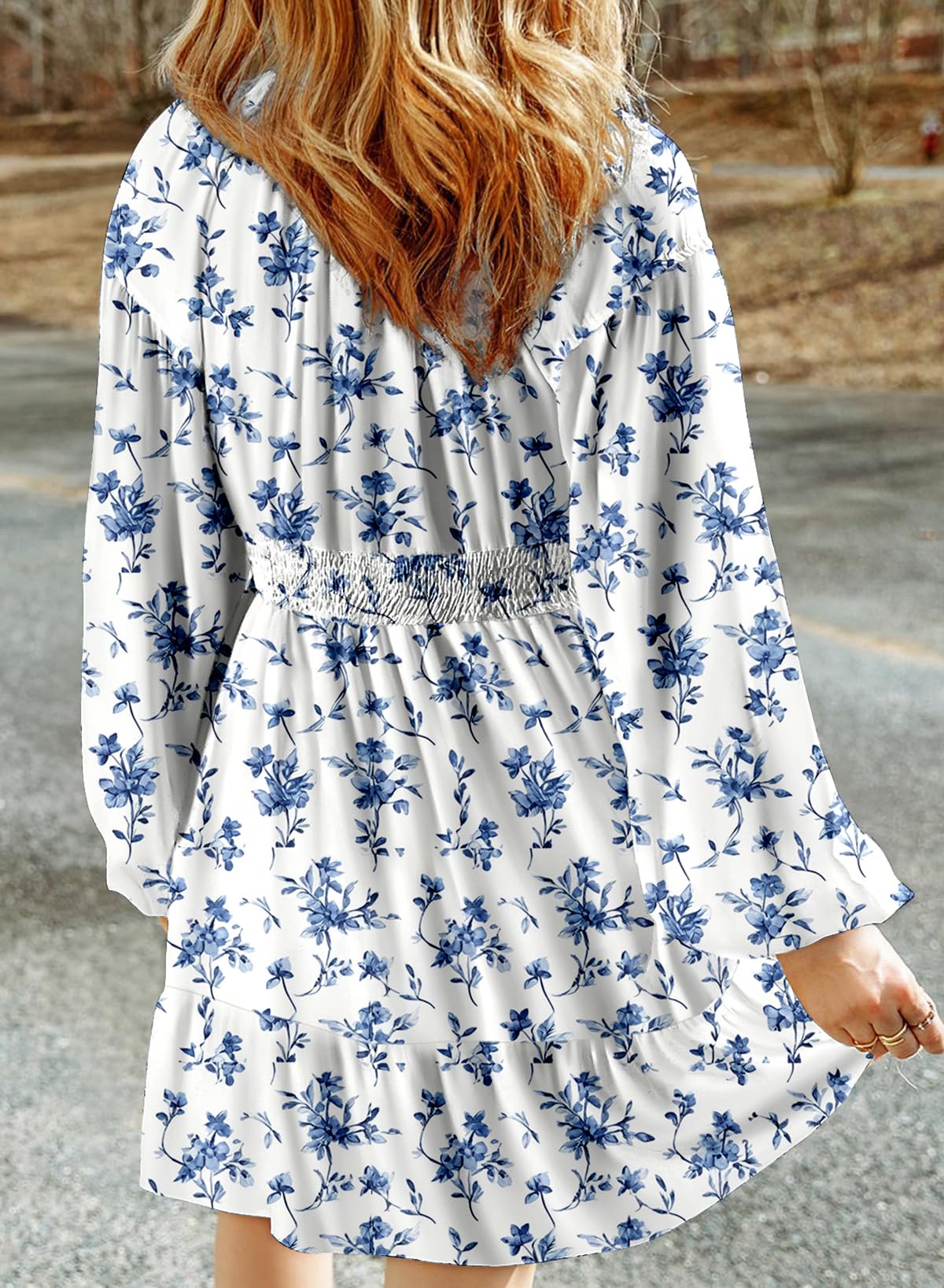 Dokotoo Fall Dresses for Women 2025 Boho Floral V Neck Long Sleeve Smocked Elastic Waist Casual A-Line Mini Dress Sundress