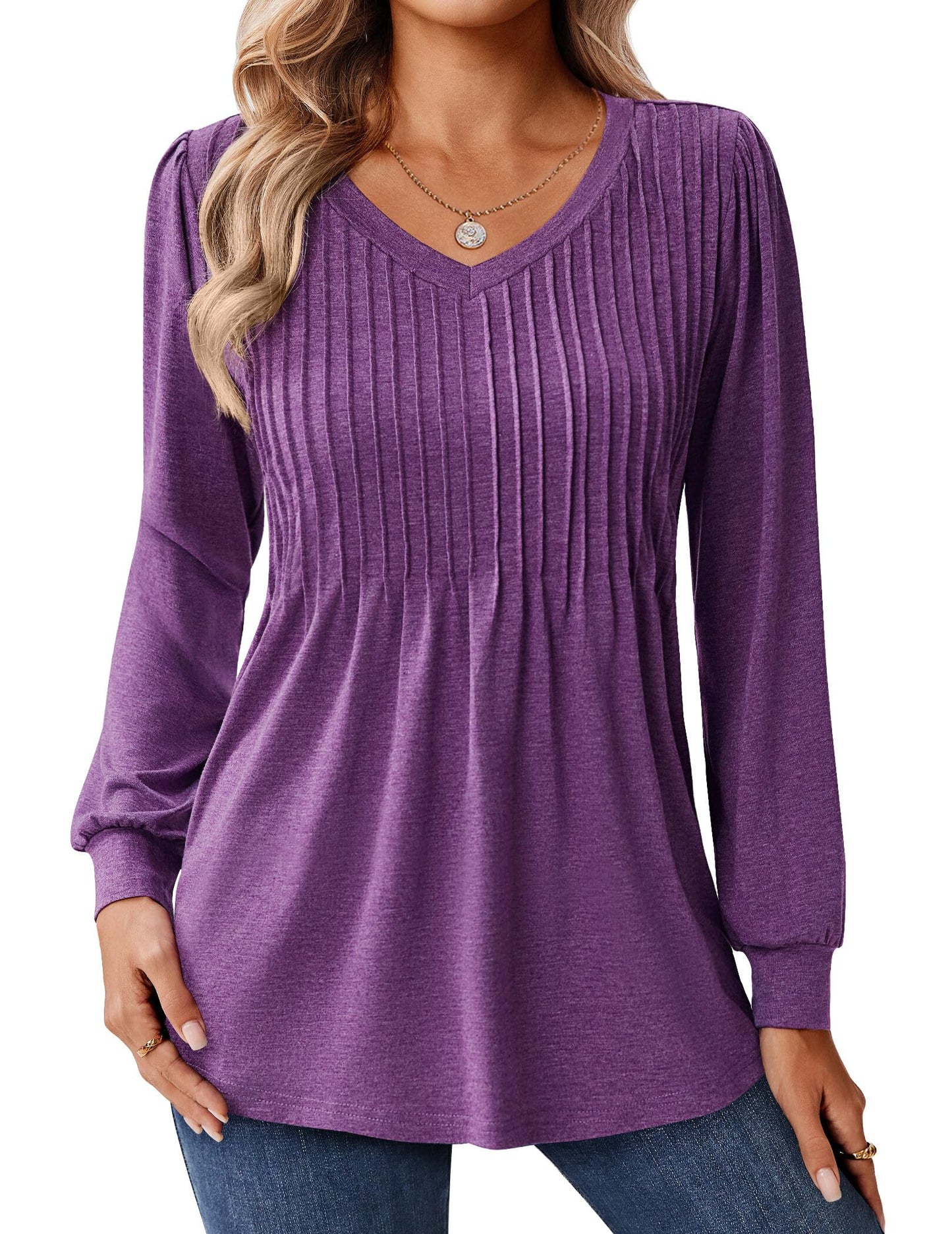 Zeagoo Long Sleeve Shirts for Women Casual V Neck Top Pleated Floral Boho Blouses 2025 Fall Tunics