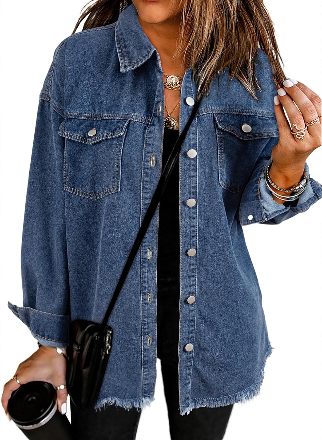 Dokotoo Women's Oversized Denim Jacket Casual Long Sleeve Denim Shirts Distresse Jean Jacket Fall Outfits 2025