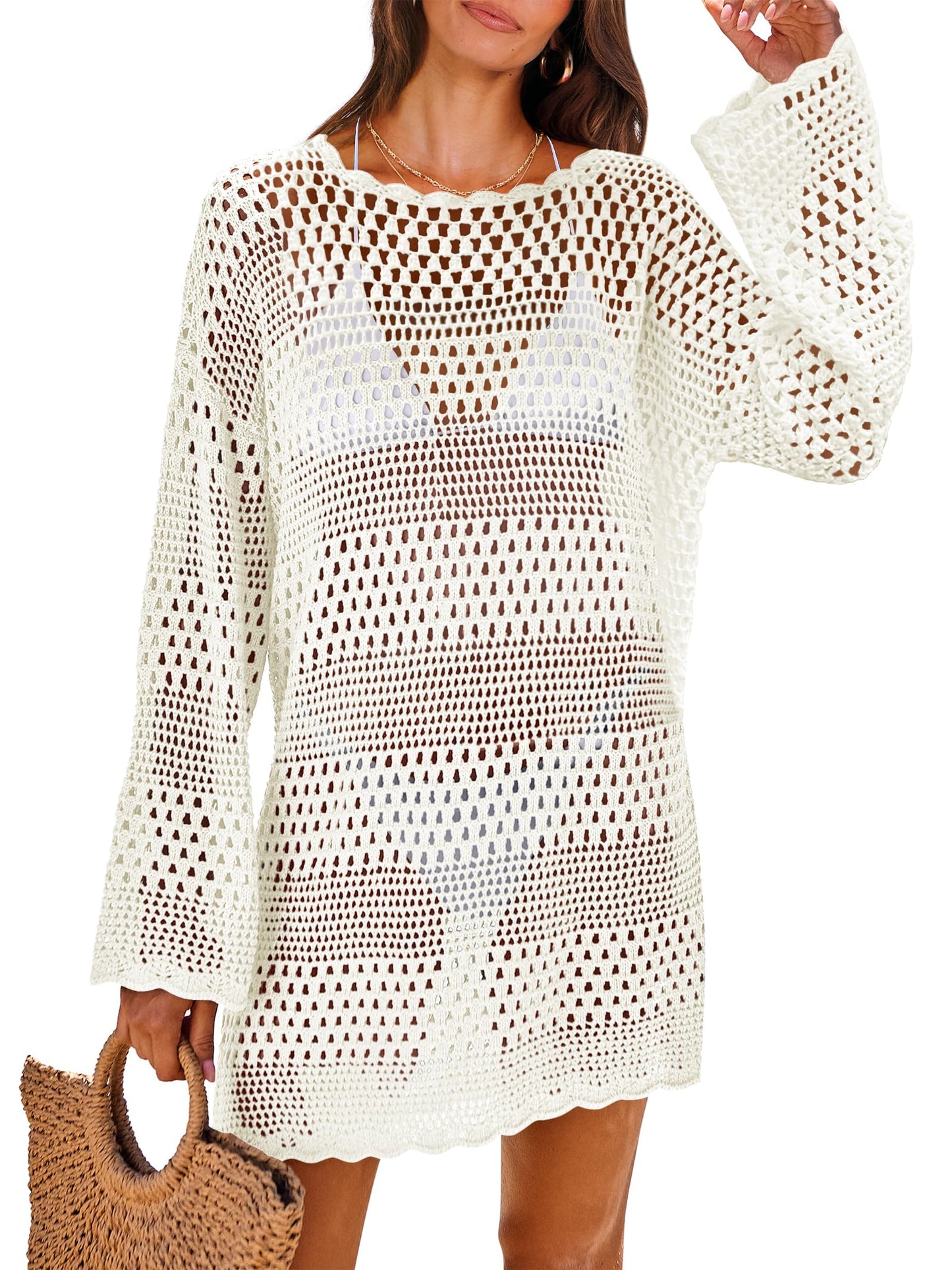 ANRABESS Women Swimsuit Crochet Swim Cover Up 2025 Summer Bathing Suit Swimwear Mesh Knit Beach Dress Vacation Outfits
