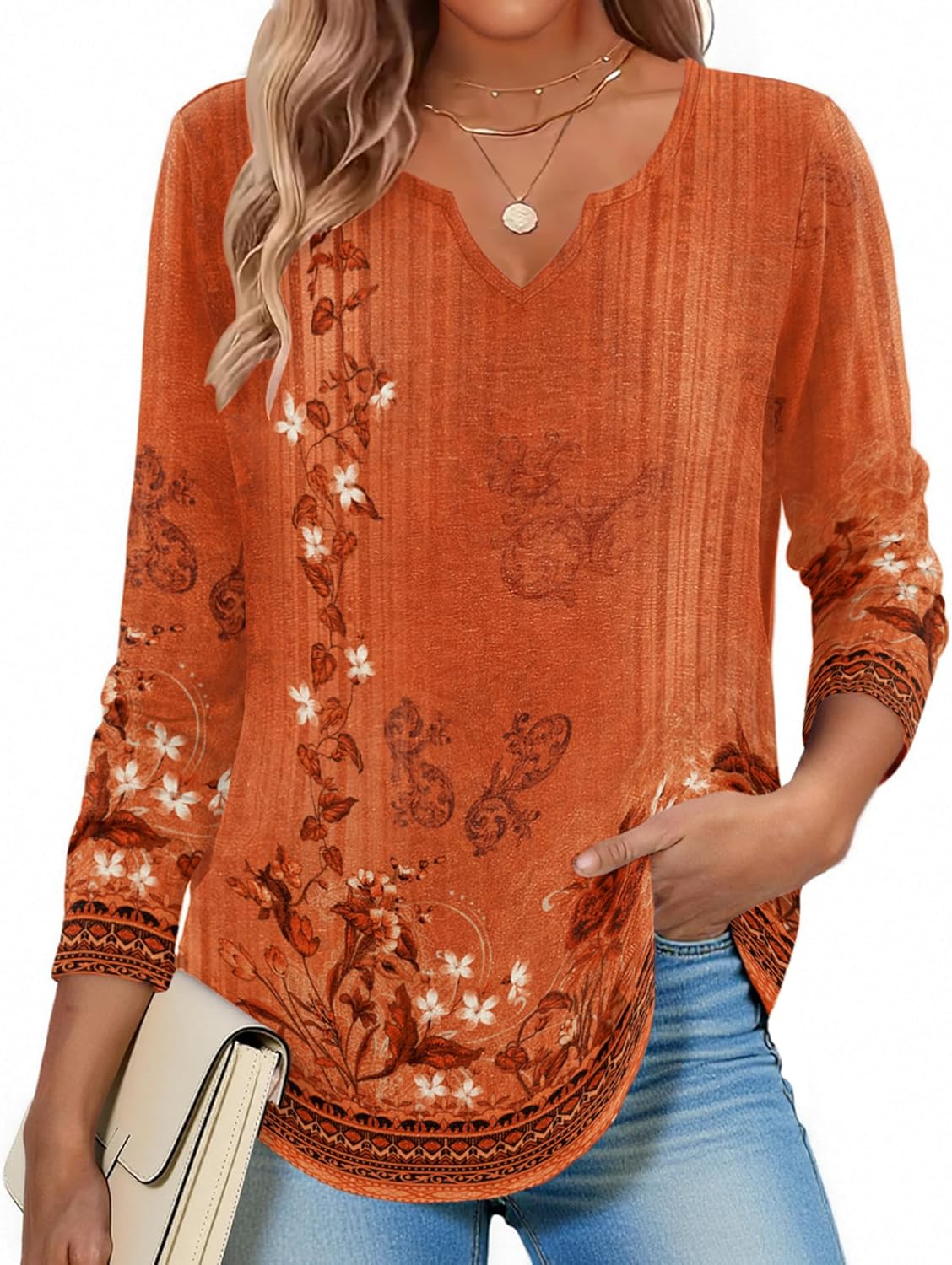 Zeagoo Boho Tops for Women Long Sleeve V Neck Fall Shirt Casual Dressy Blouse Tunic Business Work Clothes School Outfits