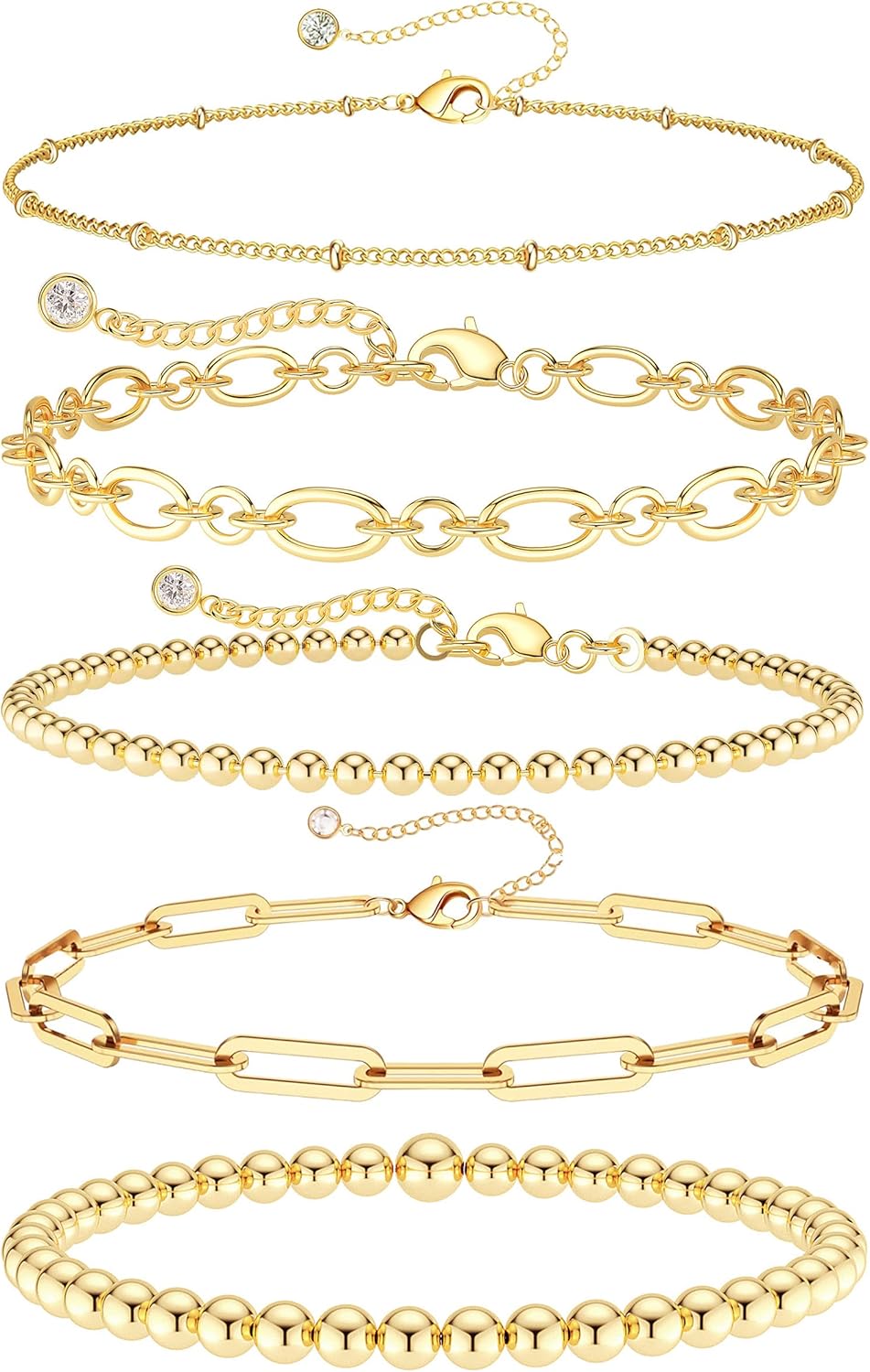 DEARMAY Waterproof Gold Bracelets Set for Women Trendy, Dainty 14K Real Gold Plated Jewelry Fashion Stackable Tennis Beaded Figaro Herringbone Paperclip Link Bracelet Pack Stack Gifts for Women