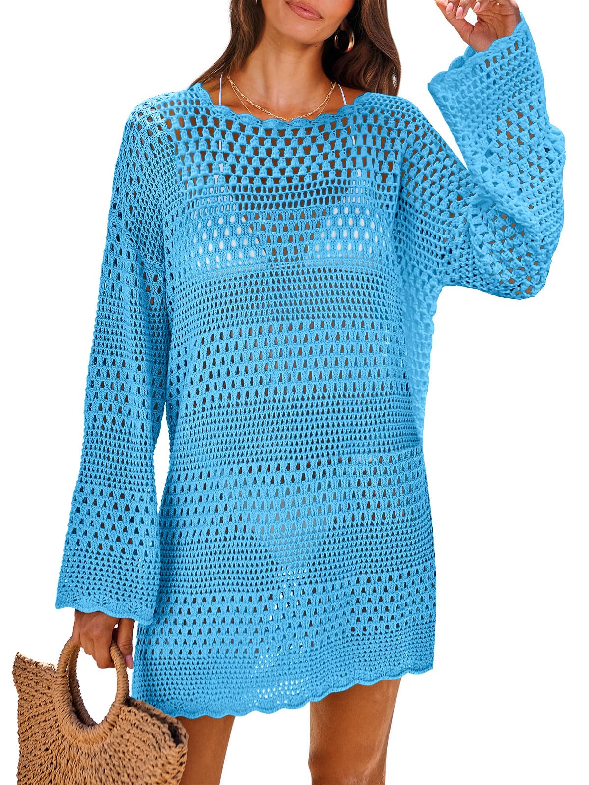 ANRABESS Women Swimsuit Crochet Swim Cover Up 2025 Summer Bathing Suit Swimwear Mesh Knit Beach Dress Vacation Outfits