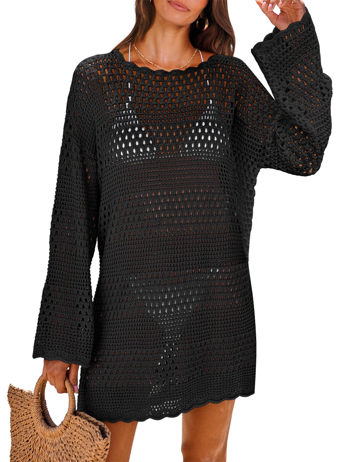 ANRABESS Women Swimsuit Crochet Swim Cover Up 2025 Summer Bathing Suit Swimwear Mesh Knit Beach Dress Vacation Outfits