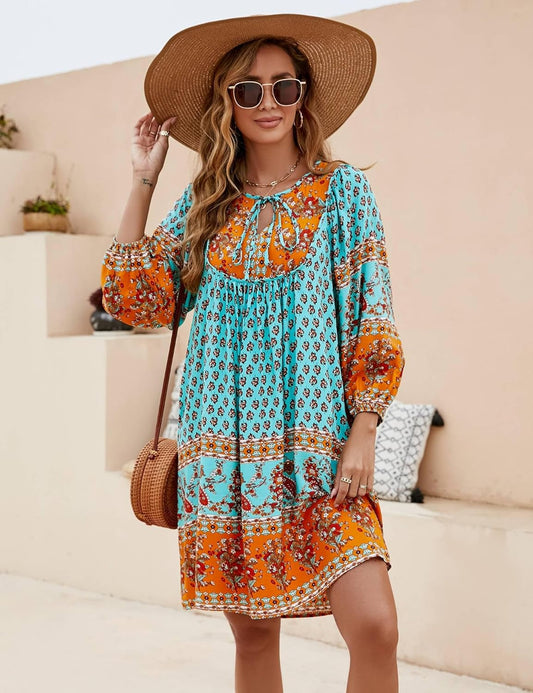 Bluetime Women Casual Summer Dress Boho V Neck 3/4 Sleeve Babydoll Floral Print Flowy Beach Dress