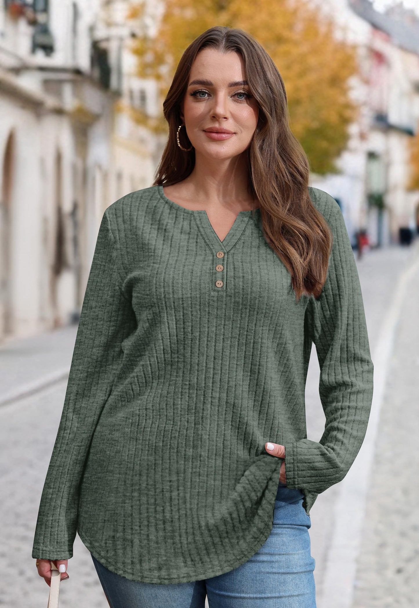 WIHOLL Sweaters for Women 2025 Long Sleeve Tops Fall Clothes Fashion Clothing V Neck Button Down Winter Thermal Shirts