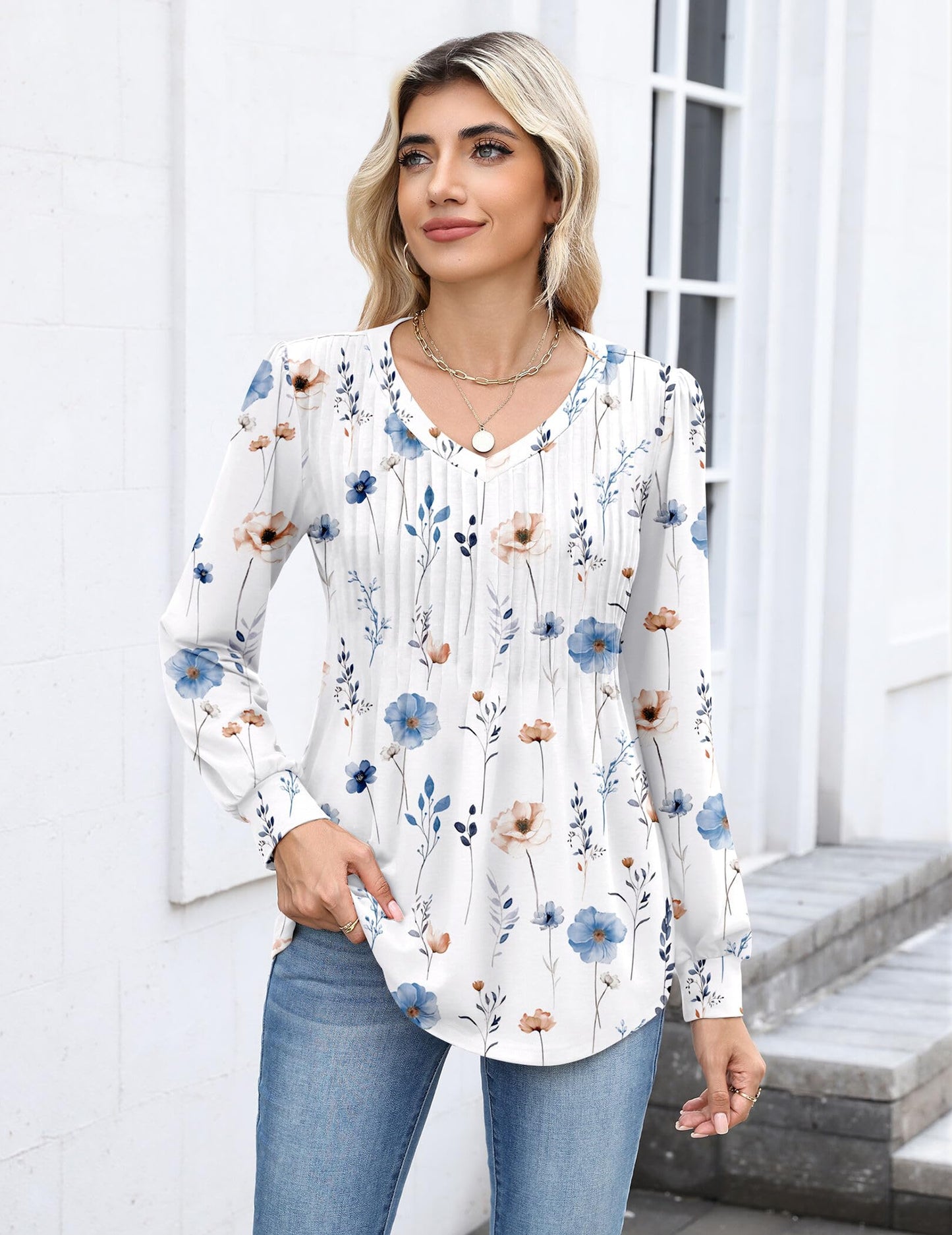 Zeagoo Long Sleeve Shirts for Women Casual V Neck Top Pleated Floral Boho Blouses 2025 Fall Tunics