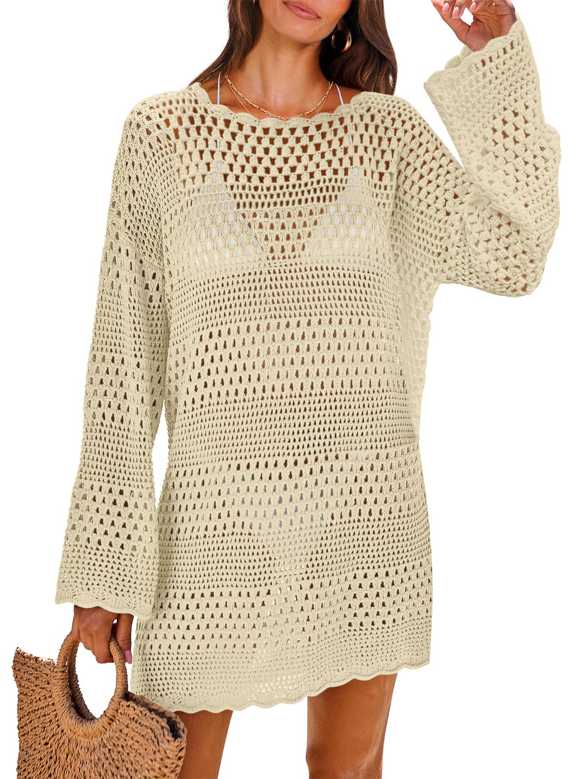 ANRABESS Women Swimsuit Crochet Swim Cover Up 2025 Summer Bathing Suit Swimwear Mesh Knit Beach Dress Vacation Outfits