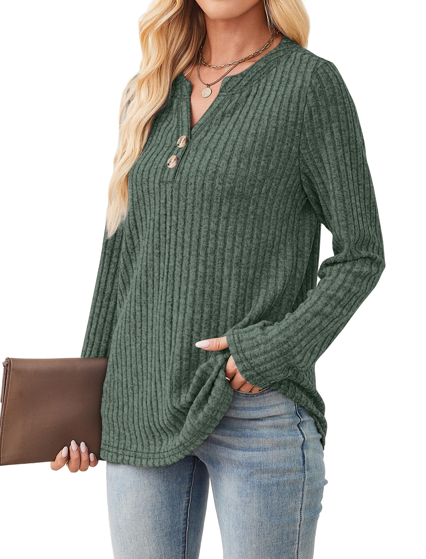 SAMPEEL Womens Sweaters Lightweight Long Sleeve Shirts V Neck Tops with Button Fall Outfits 2025