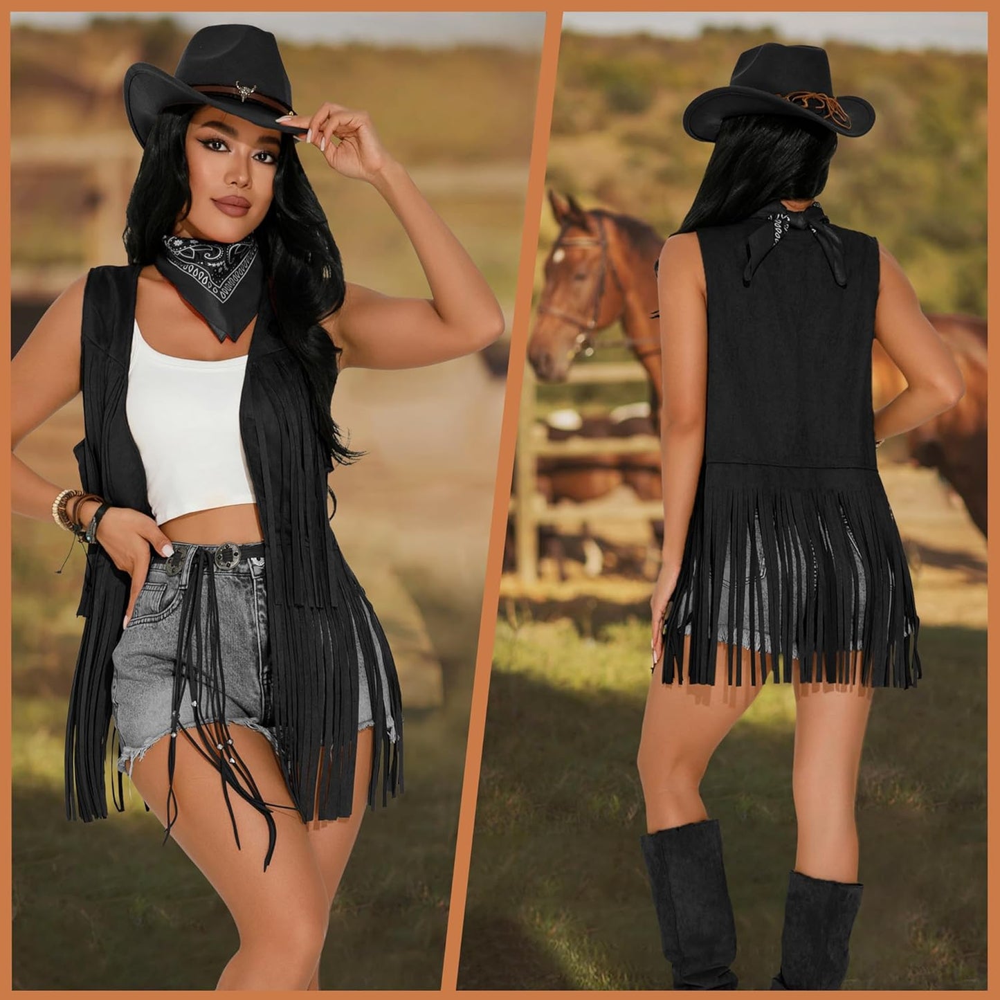 GERVAISE Womens Western Cowgirl Costume 70s Hippie Tassels Fringe Vest outfit Hat 5pcs
