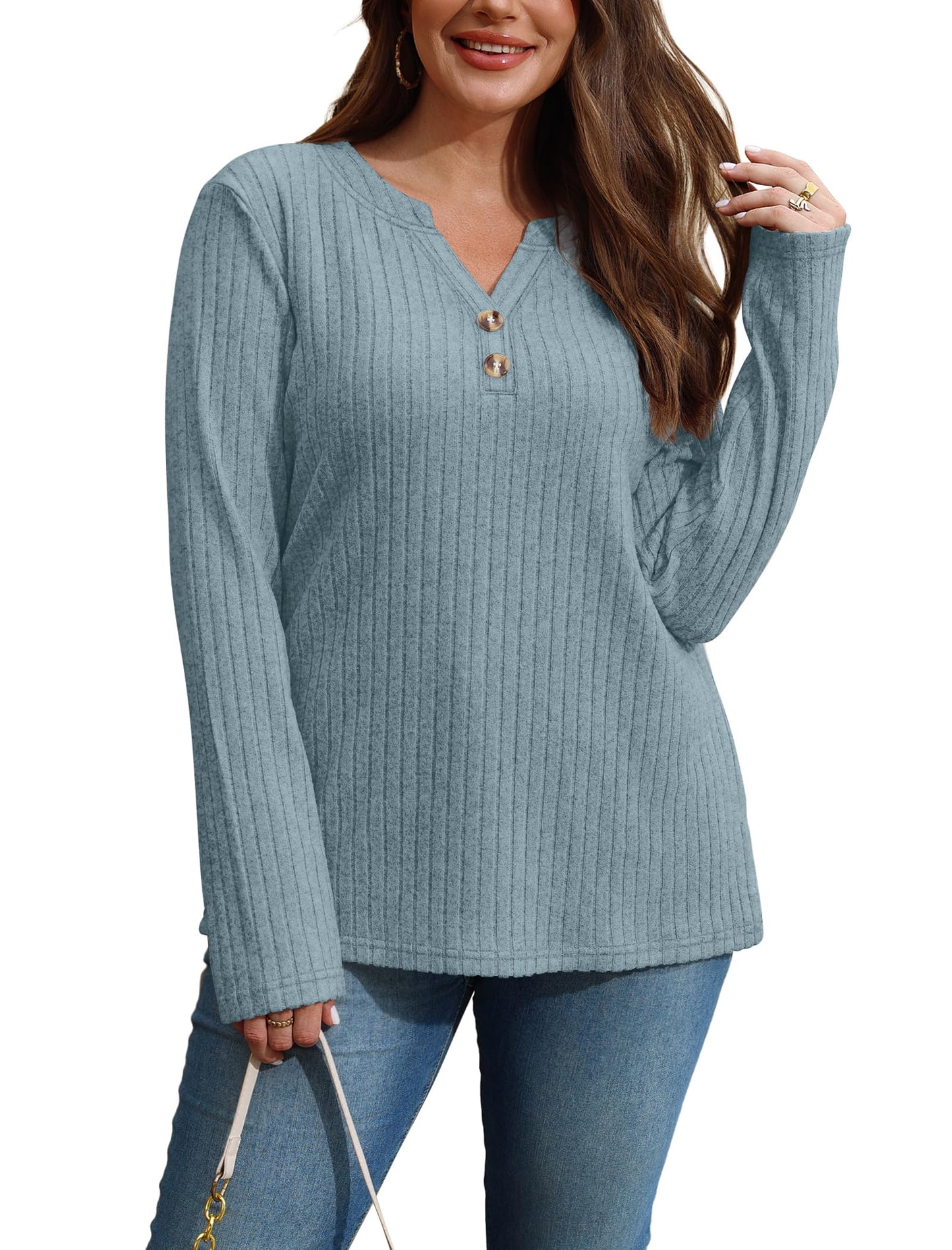 SAMPEEL Womens Sweaters Lightweight Long Sleeve Shirts V Neck Tops with Button Fall Outfits 2025