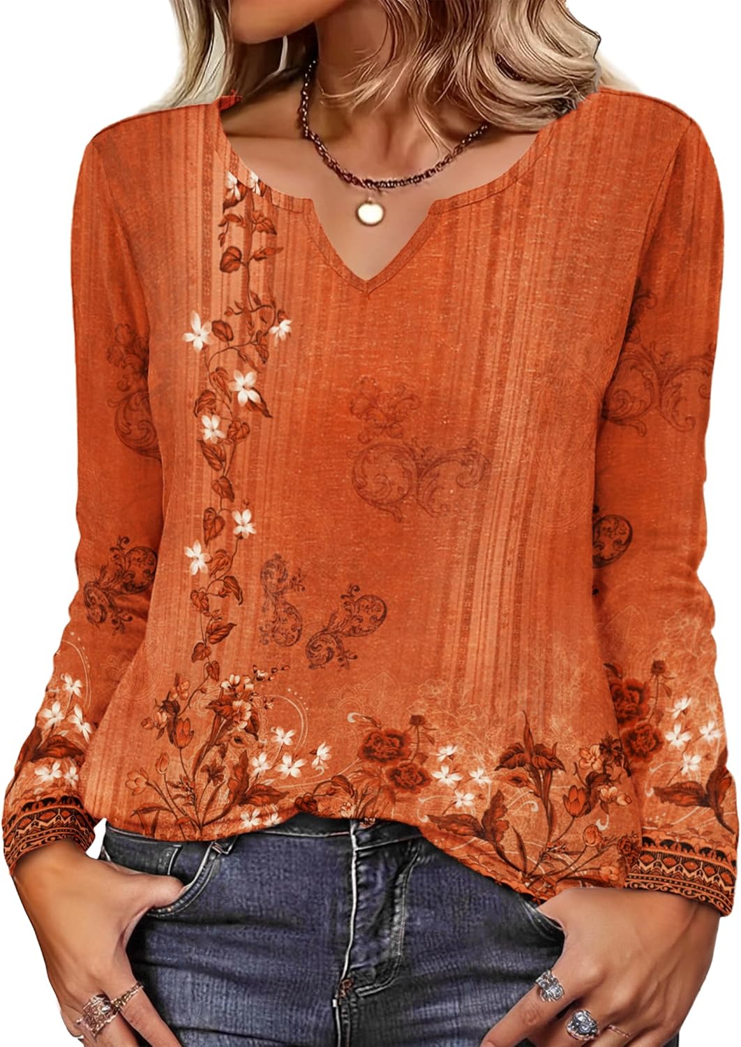 Zeagoo Boho Tops for Women Long Sleeve V Neck Fall Shirt Casual Dressy Blouse Tunic Business Work Clothes School Outfits
