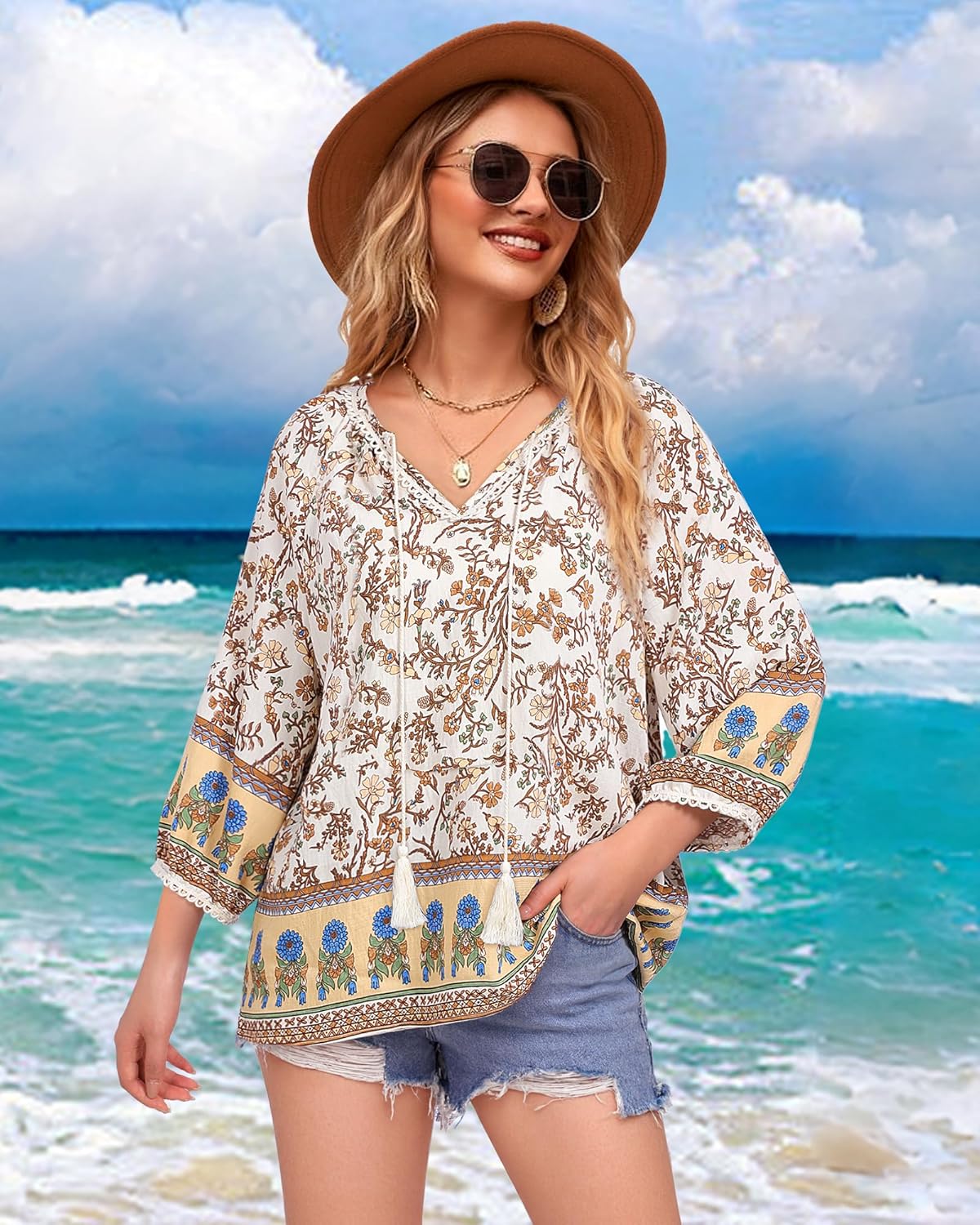 Vivilli Womens Boho Tops Casual V Neck 3/4 Sleeve Blouses Floral Print Shirt Tie Front Flowy Vacation Clothes