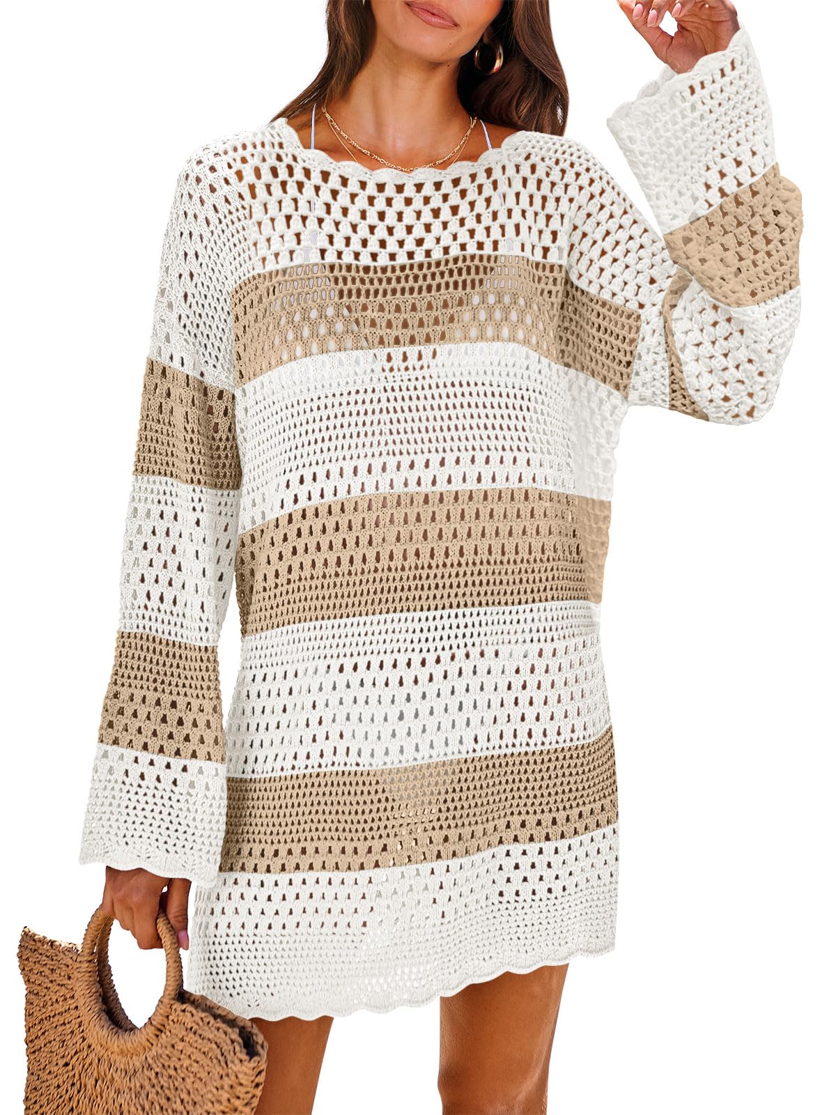 ANRABESS Women Swimsuit Crochet Swim Cover Up 2025 Summer Bathing Suit Swimwear Mesh Knit Beach Dress Vacation Outfits