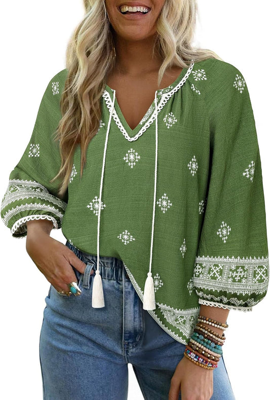 Vivilli Womens Boho Tops Casual V Neck 3/4 Sleeve Blouses Floral Print Shirt Tie Front Flowy Vacation Clothes