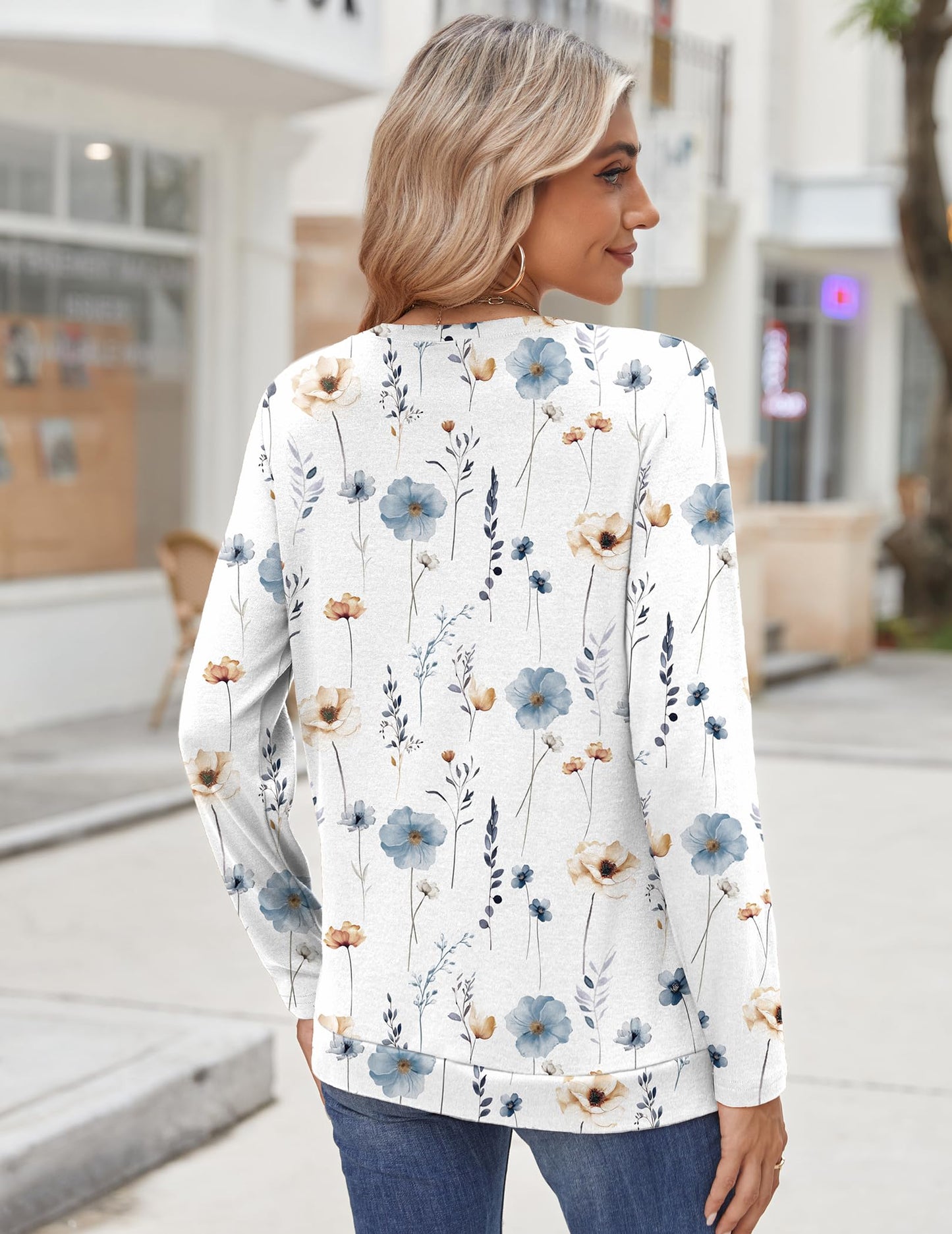 Zeagoo Womens Tops 2025 Long Sleeve Shirts for Fall Round Neck Blouses Floral Tunic Tops with Buttons Decor