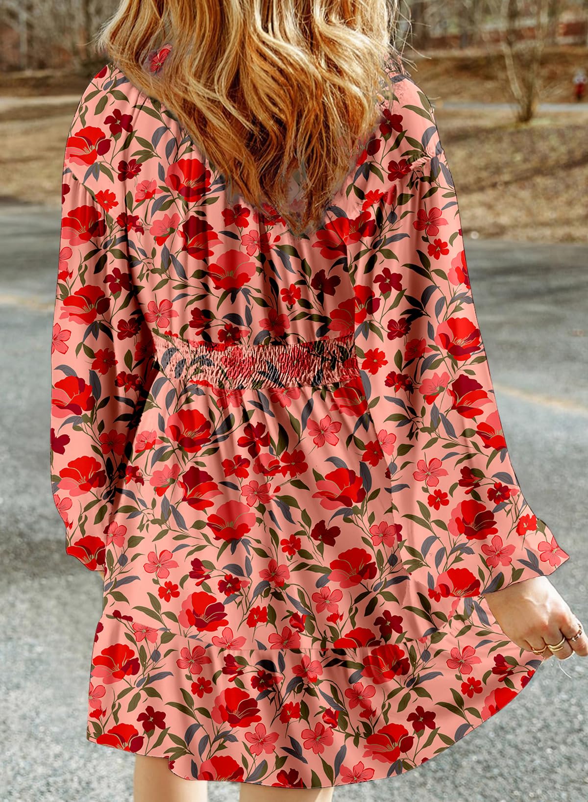 Dokotoo Fall Dresses for Women 2025 Boho Floral V Neck Long Sleeve Smocked Elastic Waist Casual A-Line Mini Dress Sundress