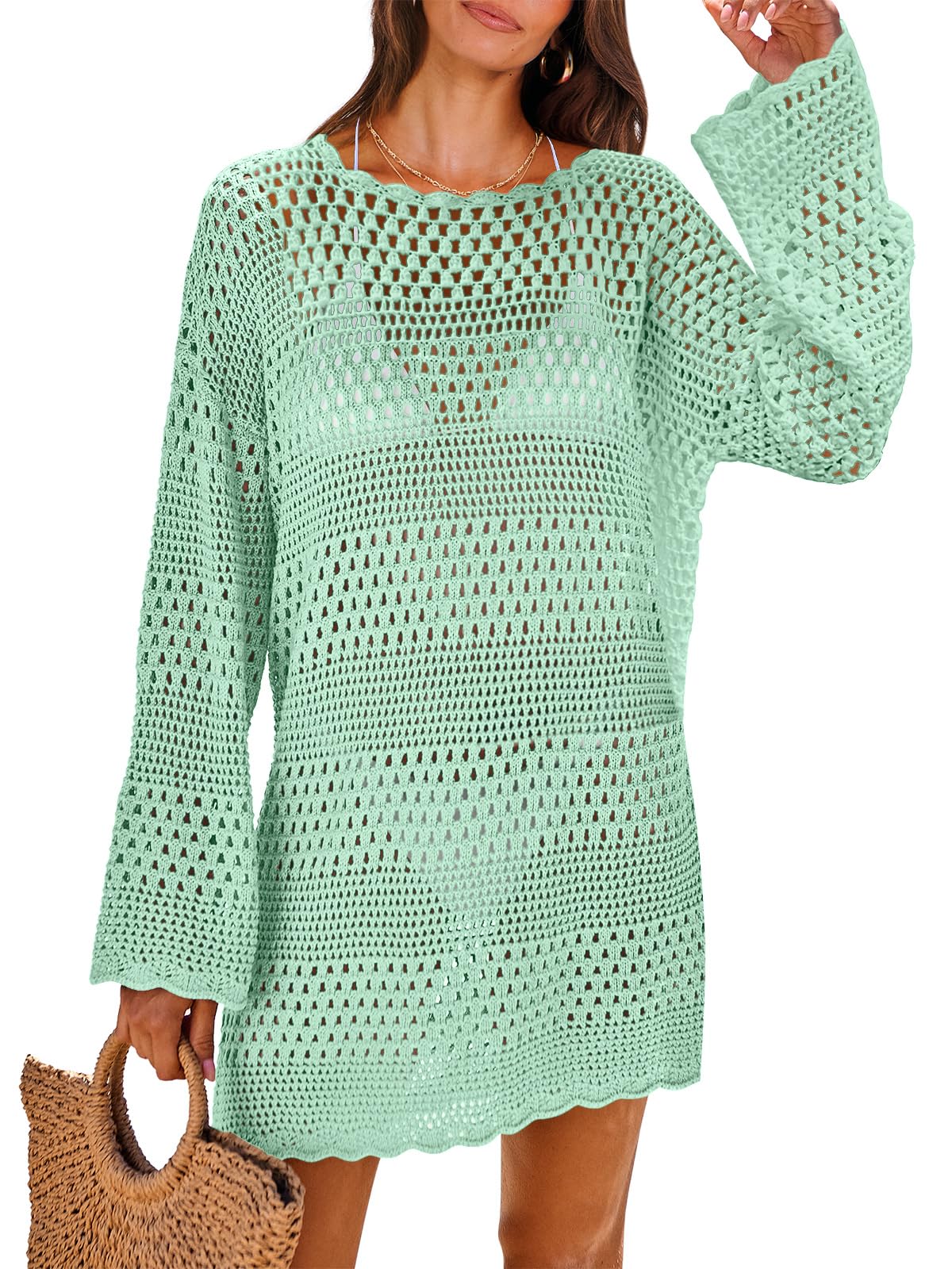 ANRABESS Women Swimsuit Crochet Swim Cover Up 2025 Summer Bathing Suit Swimwear Mesh Knit Beach Dress Vacation Outfits