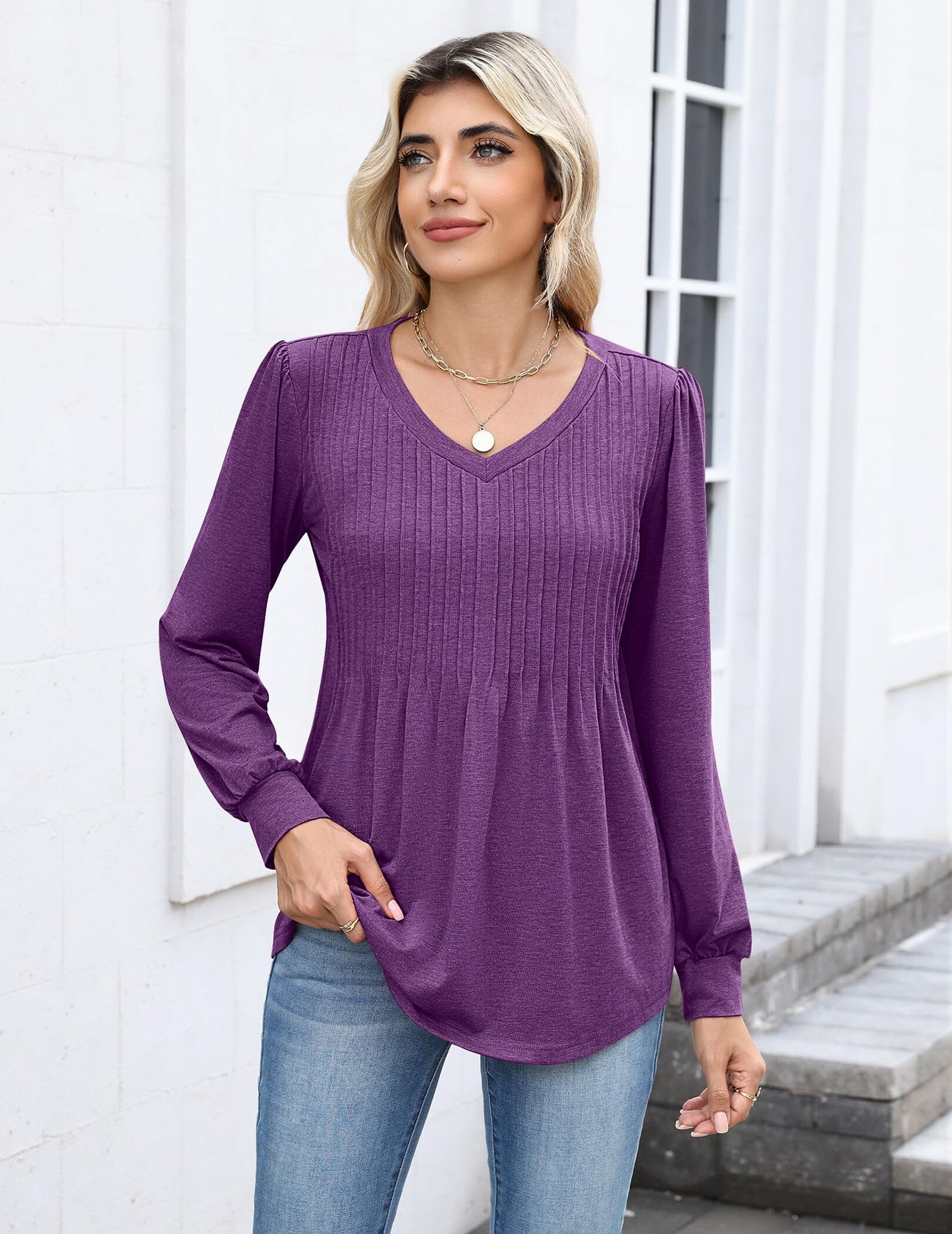 Zeagoo Long Sleeve Shirts for Women Casual V Neck Top Pleated Floral Boho Blouses 2025 Fall Tunics