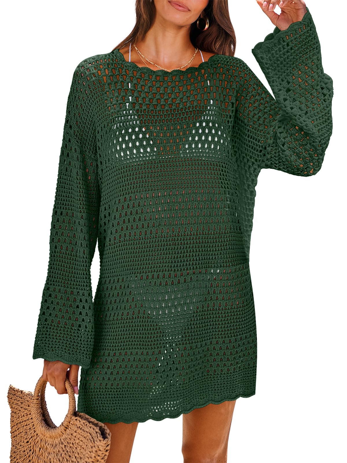 ANRABESS Women Swimsuit Crochet Swim Cover Up 2025 Summer Bathing Suit Swimwear Mesh Knit Beach Dress Vacation Outfits