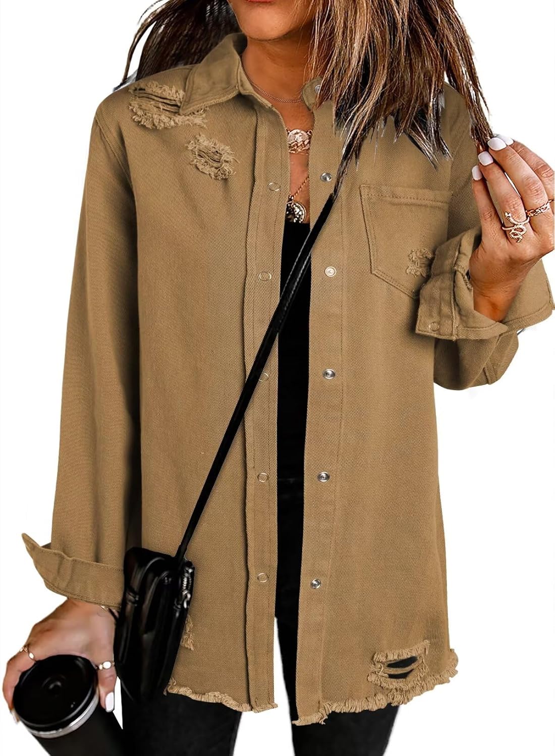 Dokotoo Women's Oversized Denim Jacket Casual Long Sleeve Denim Shirts Distresse Jean Jacket Fall Outfits 2025