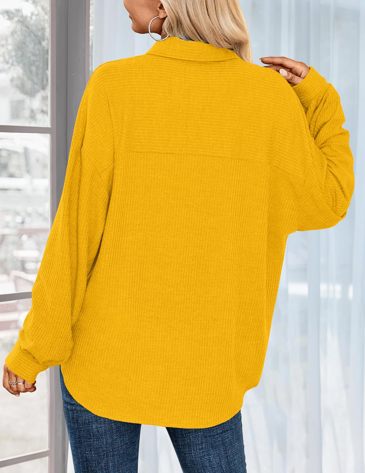 HOTOUCH Waffle Button Down Shirts for Women Dressy Casual Work Shacket V Neck Long Sleeve Lightweight Tops with Pocket