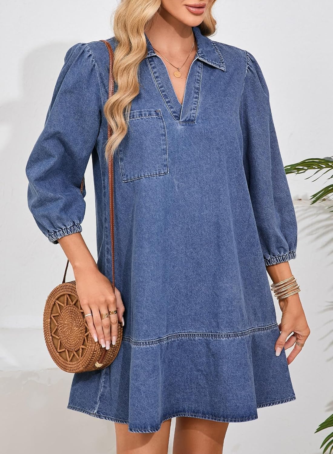 Dokotoo Denim Dress for Women Fashion Fall Casual Babydoll 2025 V Neck 3/4 Puff Sleeve Jean Dresses