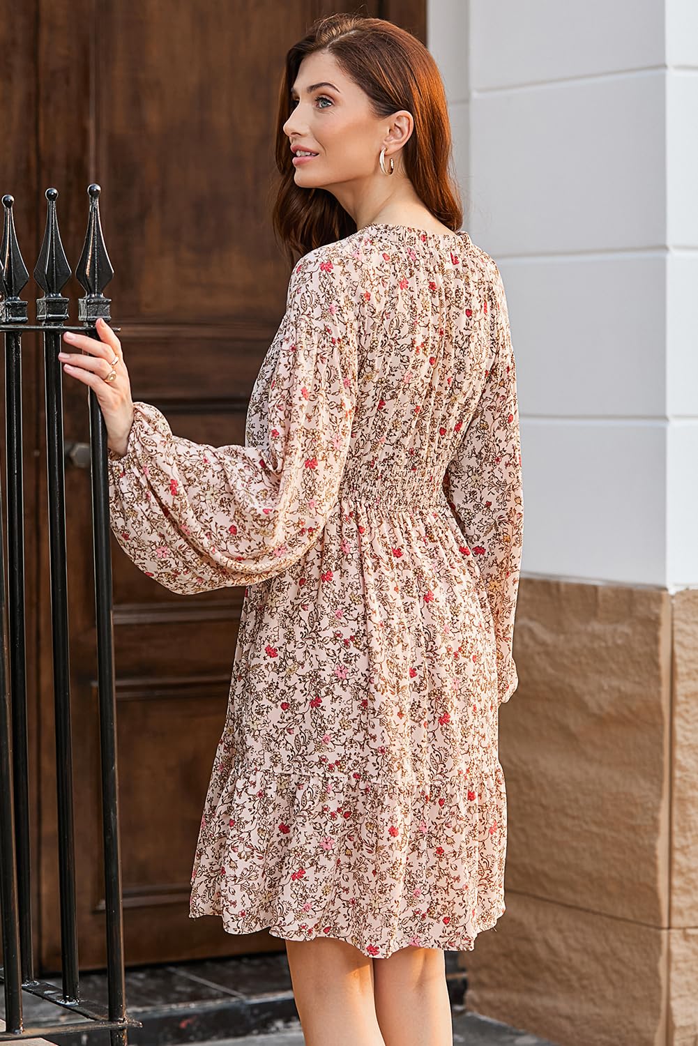 Dokotoo Fall Dresses for Women 2025 Boho Floral V Neck Long Sleeve Smocked Elastic Waist Casual A-Line Mini Dress Sundress