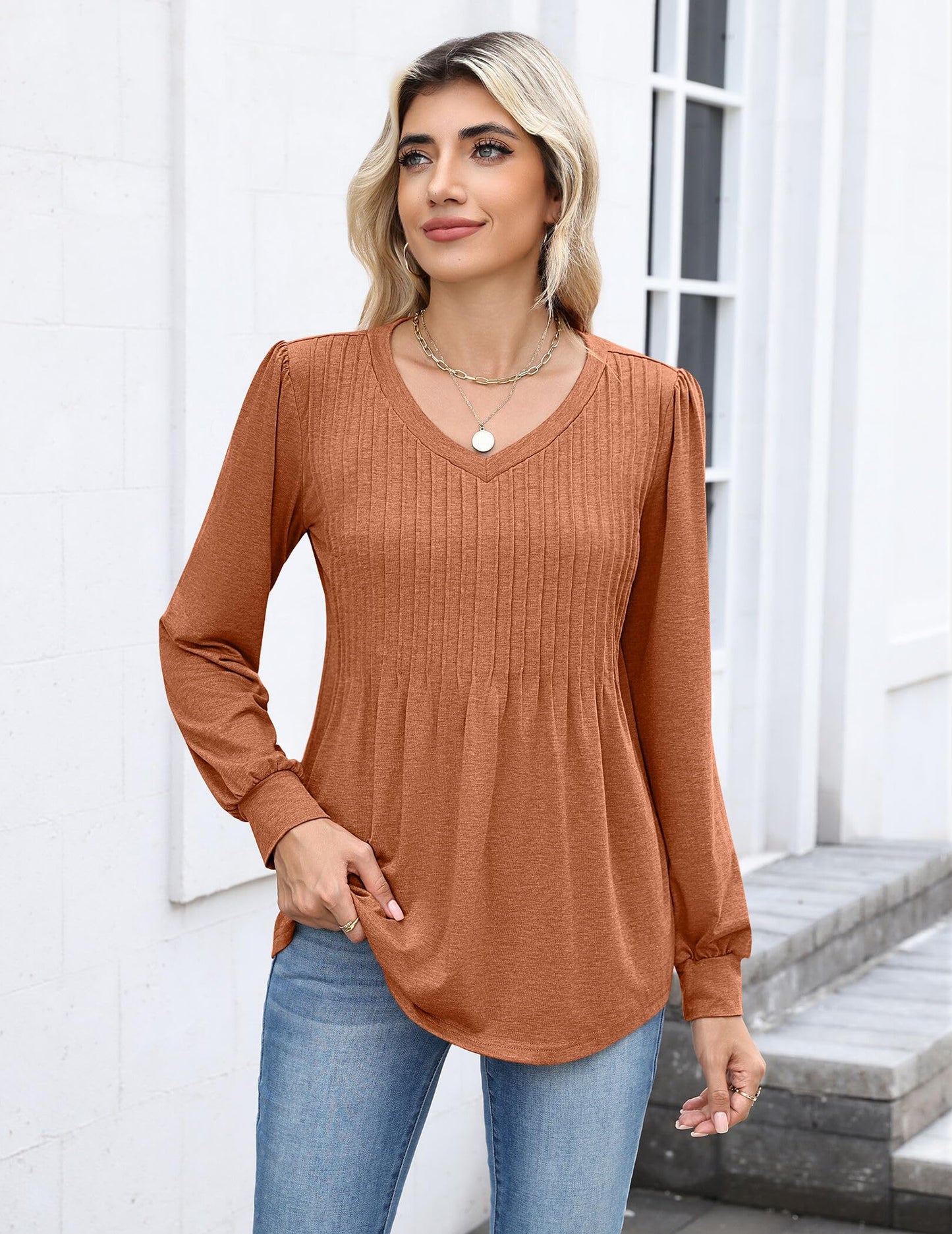 Zeagoo Long Sleeve Shirts for Women Casual V Neck Top Pleated Floral Boho Blouses 2025 Fall Tunics