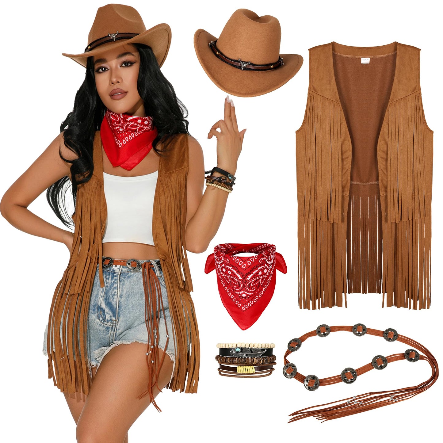 GERVAISE Womens Western Cowgirl Costume 70s Hippie Tassels Fringe Vest outfit Hat 5pcs