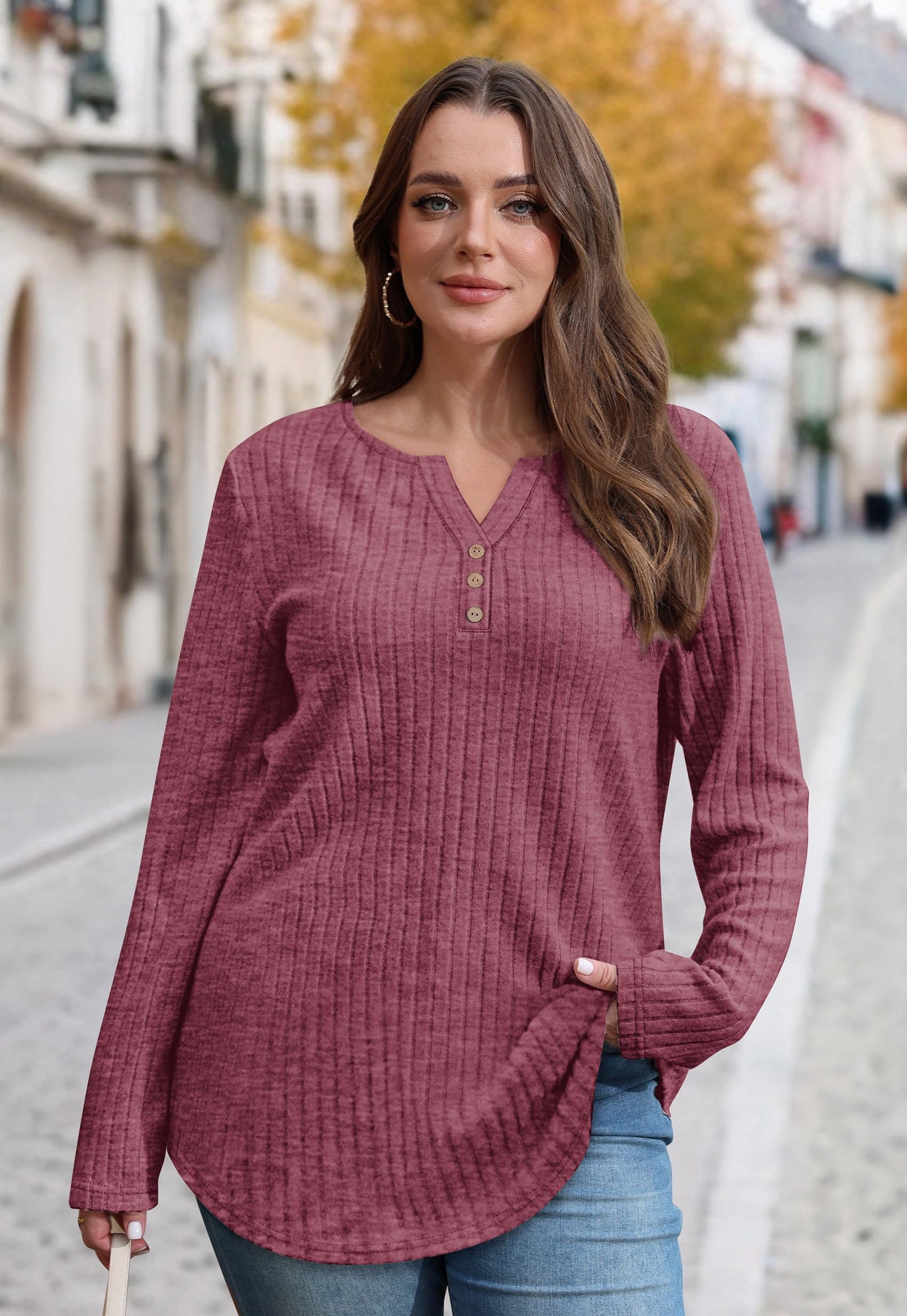 WIHOLL Sweaters for Women 2025 Long Sleeve Tops Fall Clothes Fashion Clothing V Neck Button Down Winter Thermal Shirts