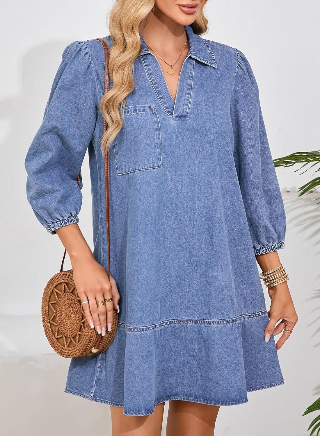 Dokotoo Denim Dress for Women Fashion Fall Casual Babydoll 2025 V Neck 3/4 Puff Sleeve Jean Dresses