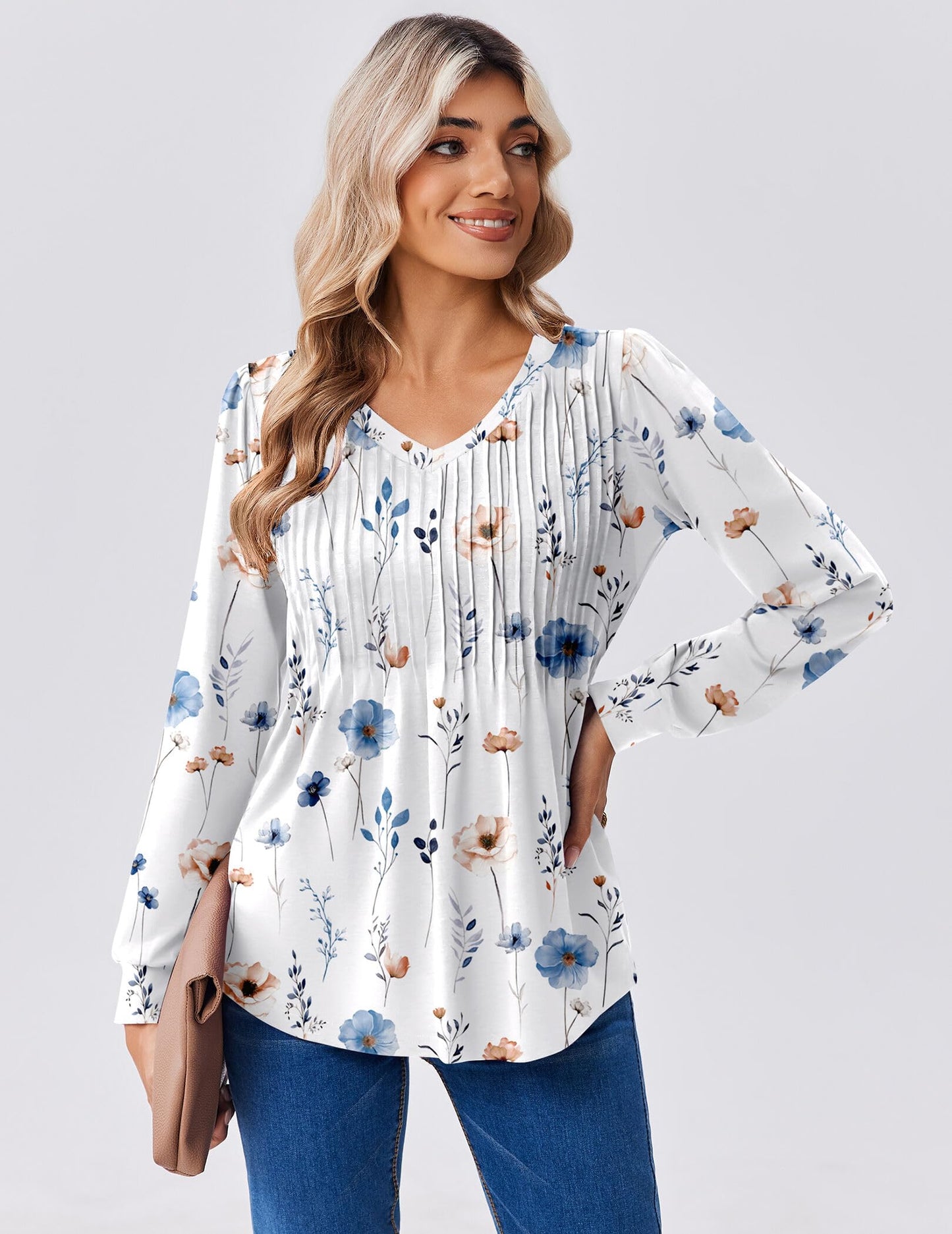 Zeagoo Long Sleeve Shirts for Women Casual V Neck Top Pleated Floral Boho Blouses 2025 Fall Tunics