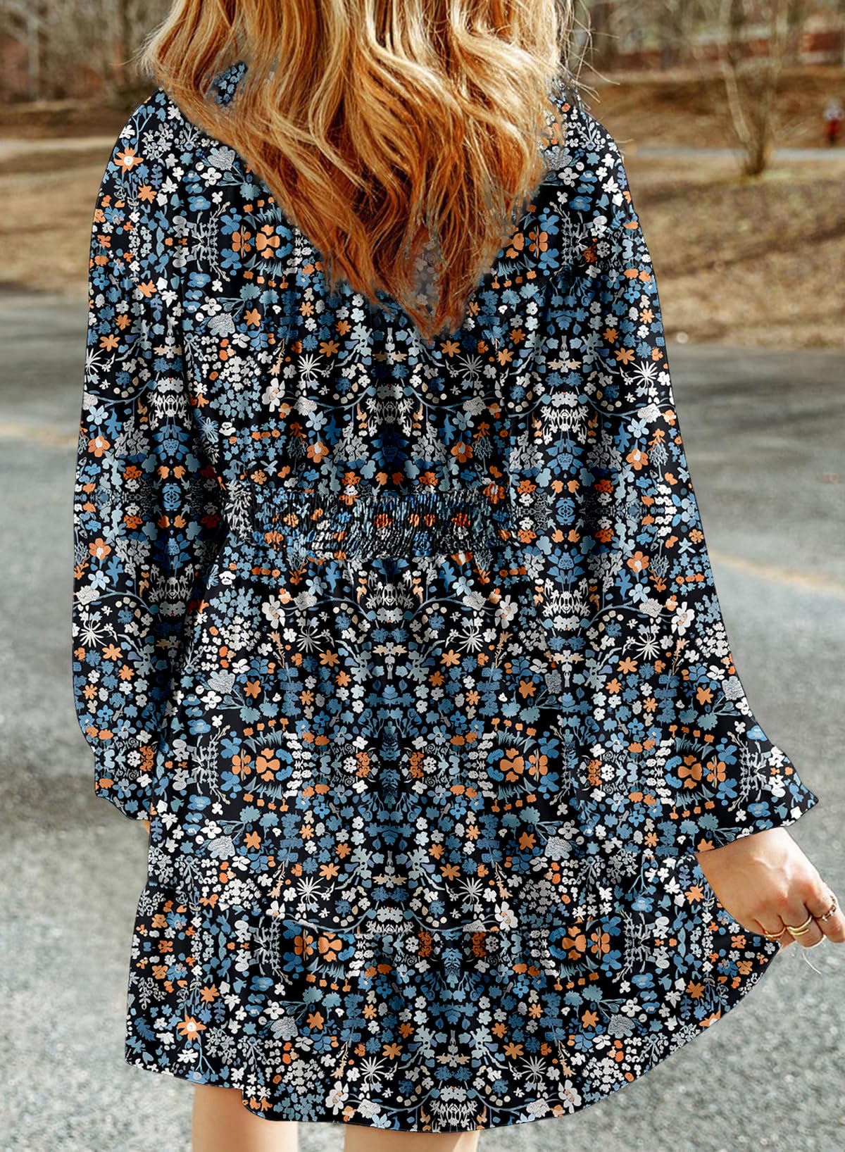Dokotoo Fall Dresses for Women 2025 Boho Floral V Neck Long Sleeve Smocked Elastic Waist Casual A-Line Mini Dress Sundress