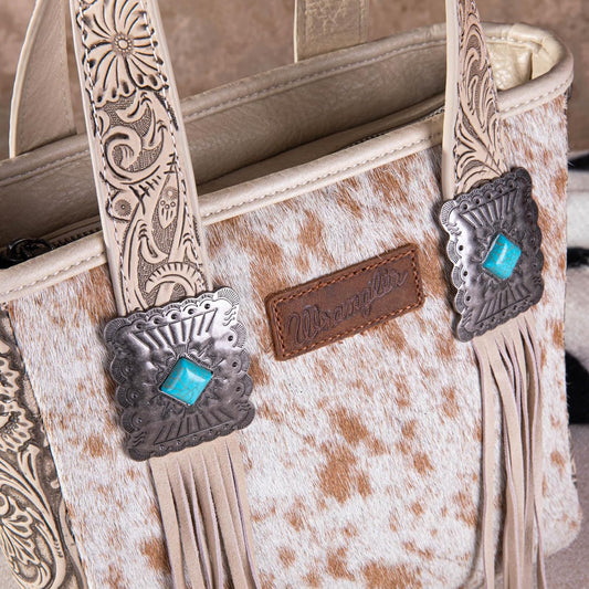 Montana West X Wrangler Cowhide Tote Bag for Women Western Tooling Handbag Leather Fringing With Turquoise Stone Concho