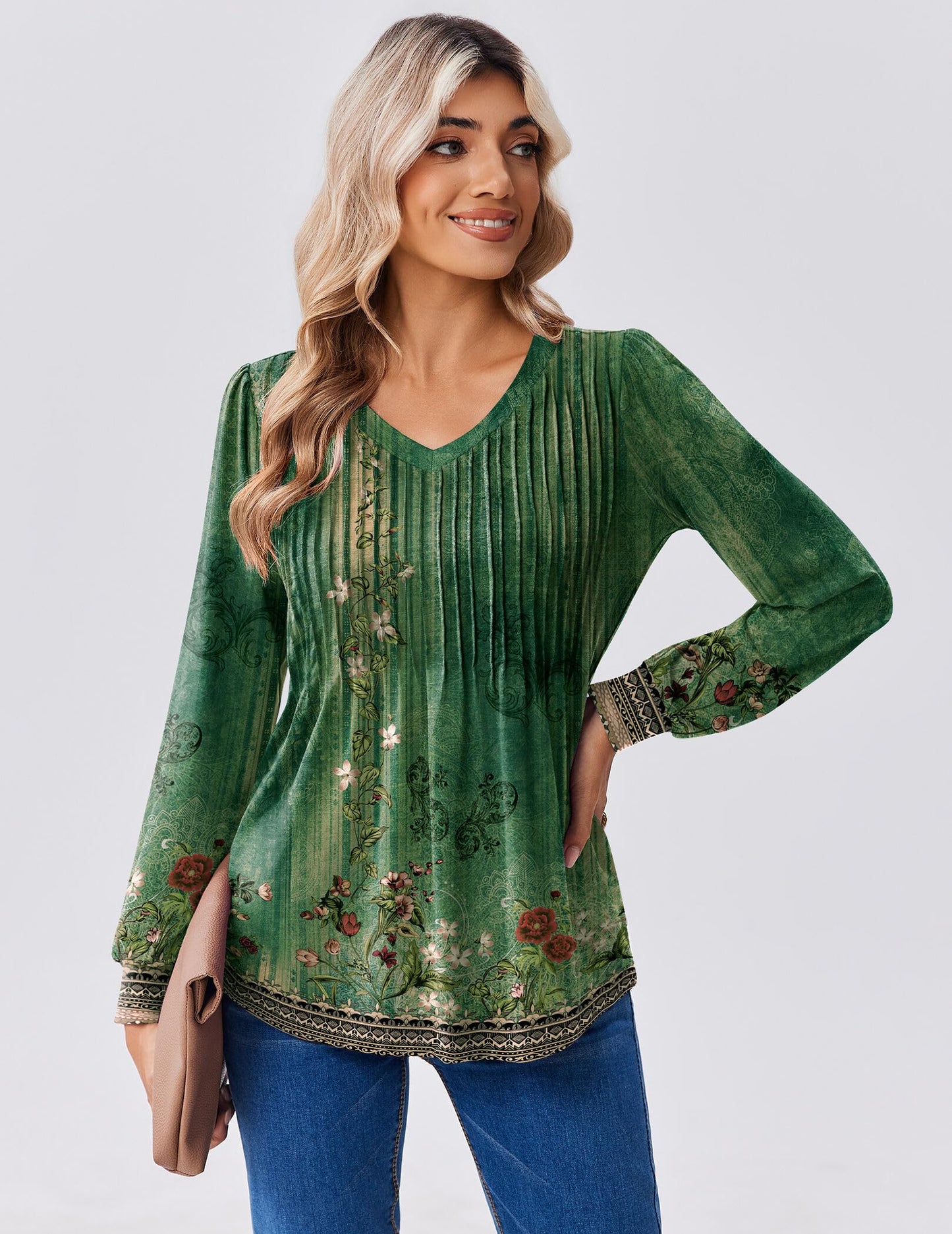 Zeagoo Long Sleeve Shirts for Women Casual V Neck Top Pleated Floral Boho Blouses 2025 Fall Tunics