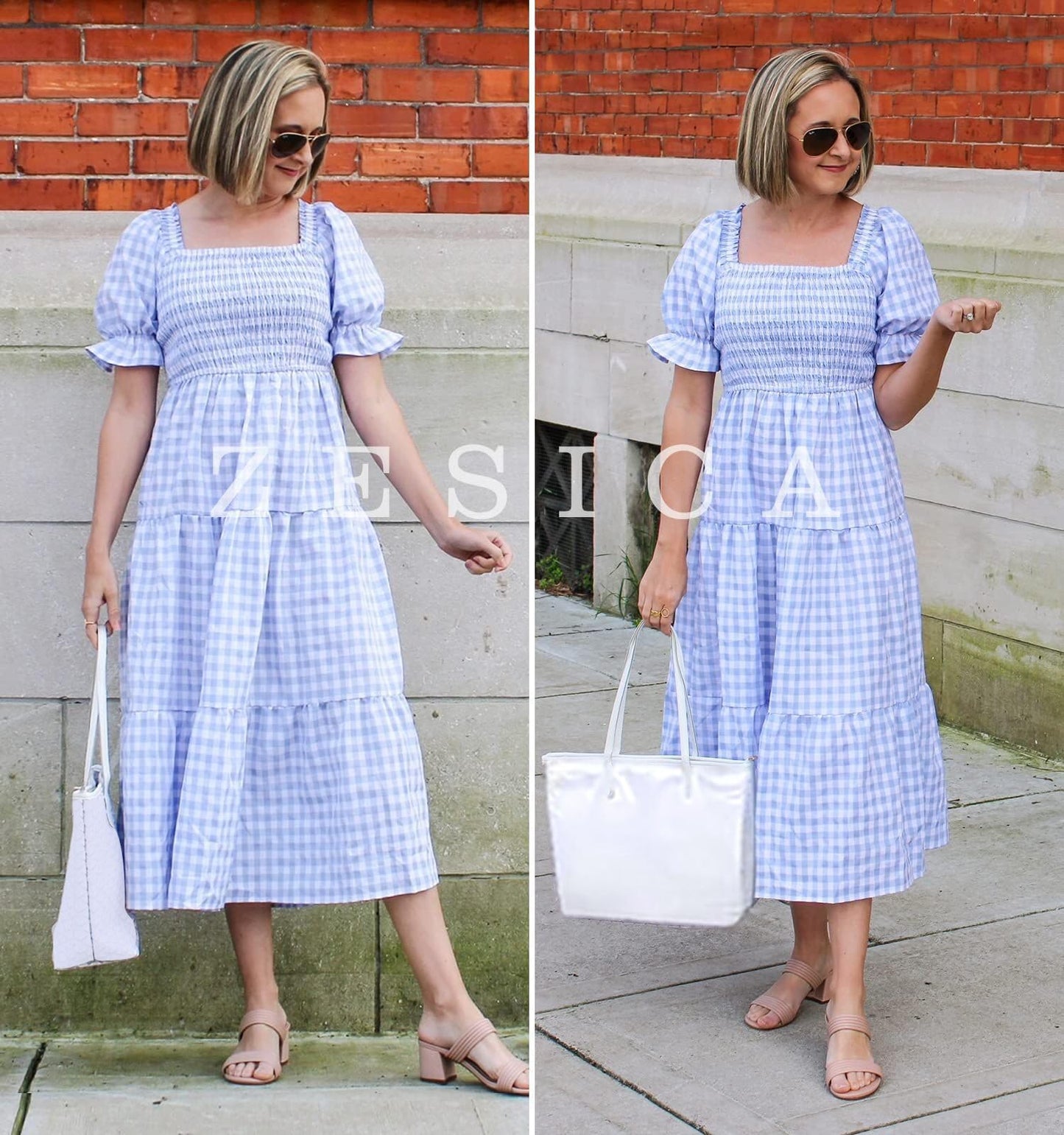 ZESICA Women's 2025 Bohemian Summer Plaid Square Neck Puff Sleeve Ruffle Flowy Beach Midi Dress