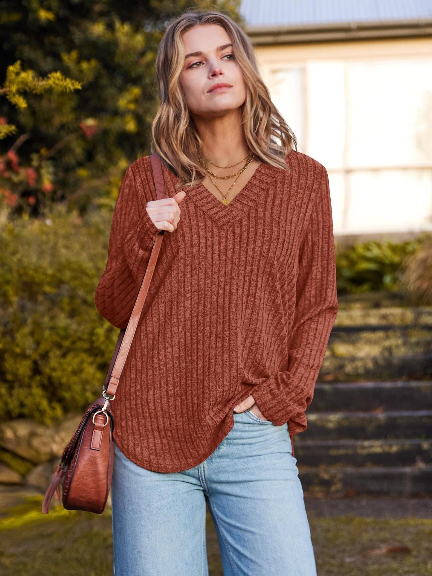 WIHOLL Long Sleeve Shirts for Women V Neck Tops Tunic Fall Winter Sweaters 2025 Clothes