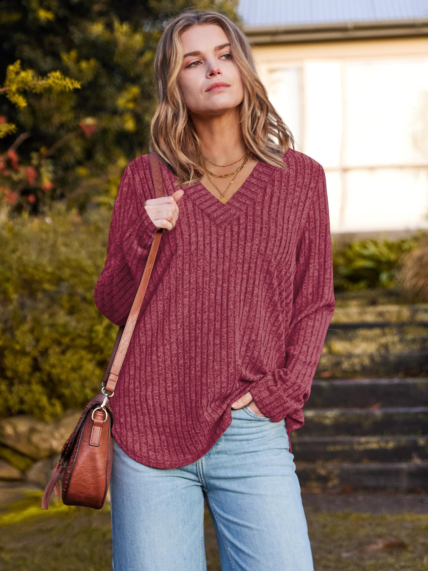 WIHOLL Long Sleeve Shirts for Women V Neck Tops Tunic Fall Winter Sweaters 2025 Clothes