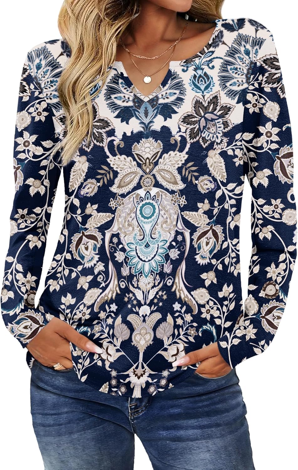 Zeagoo Boho Tops for Women Long Sleeve V Neck Fall Shirt Casual Dressy Blouse Tunic Business Work Clothes School Outfits