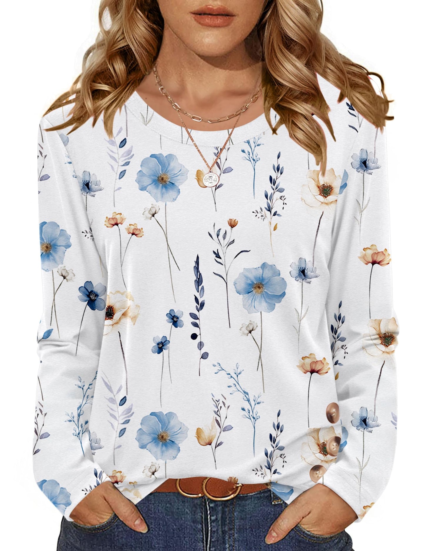 Zeagoo Womens Tops 2025 Long Sleeve Shirts for Fall Round Neck Blouses Floral Tunic Tops with Buttons Decor