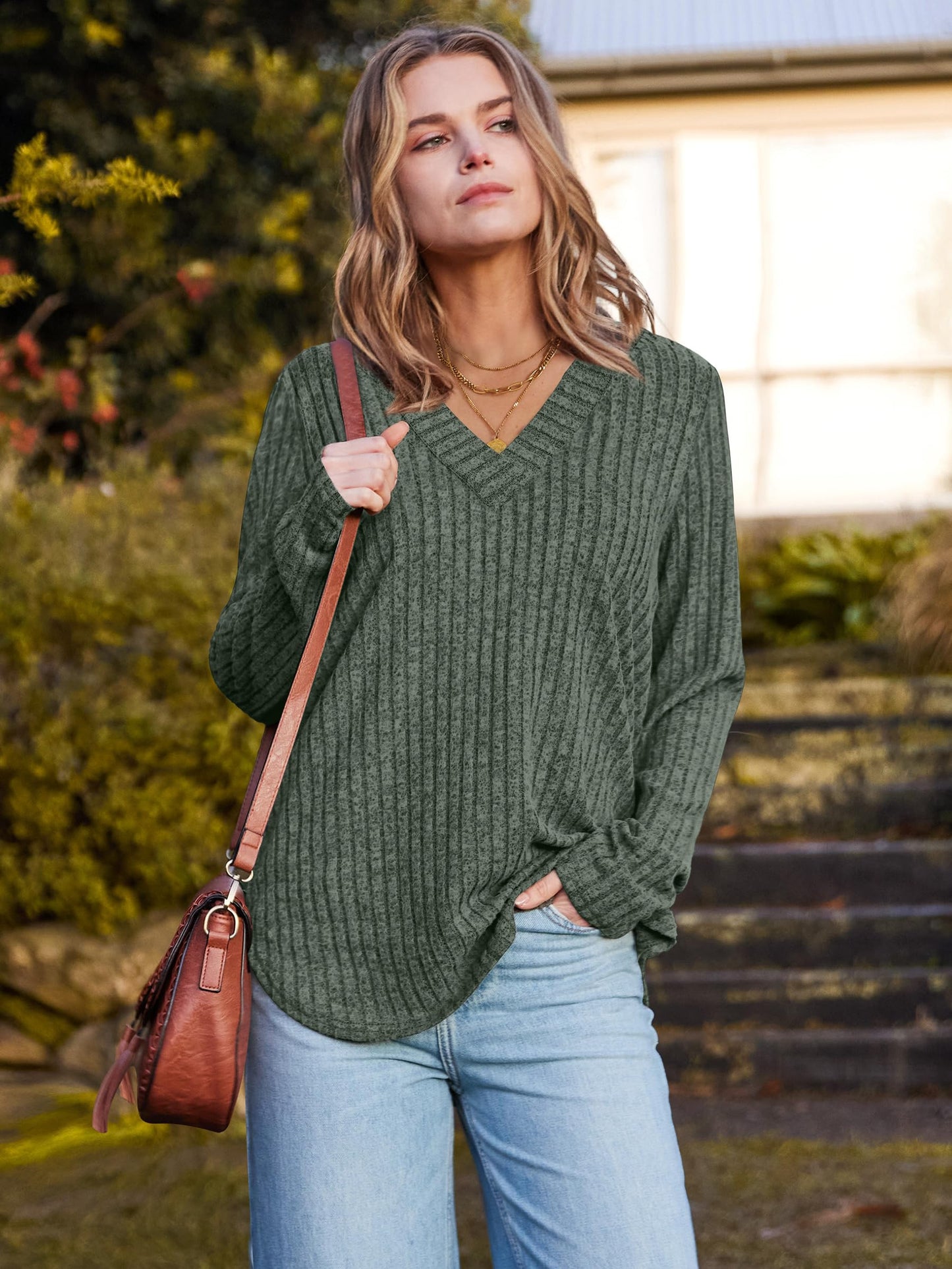 WIHOLL Long Sleeve Shirts for Women V Neck Tops Tunic Fall Winter Sweaters 2025 Clothes